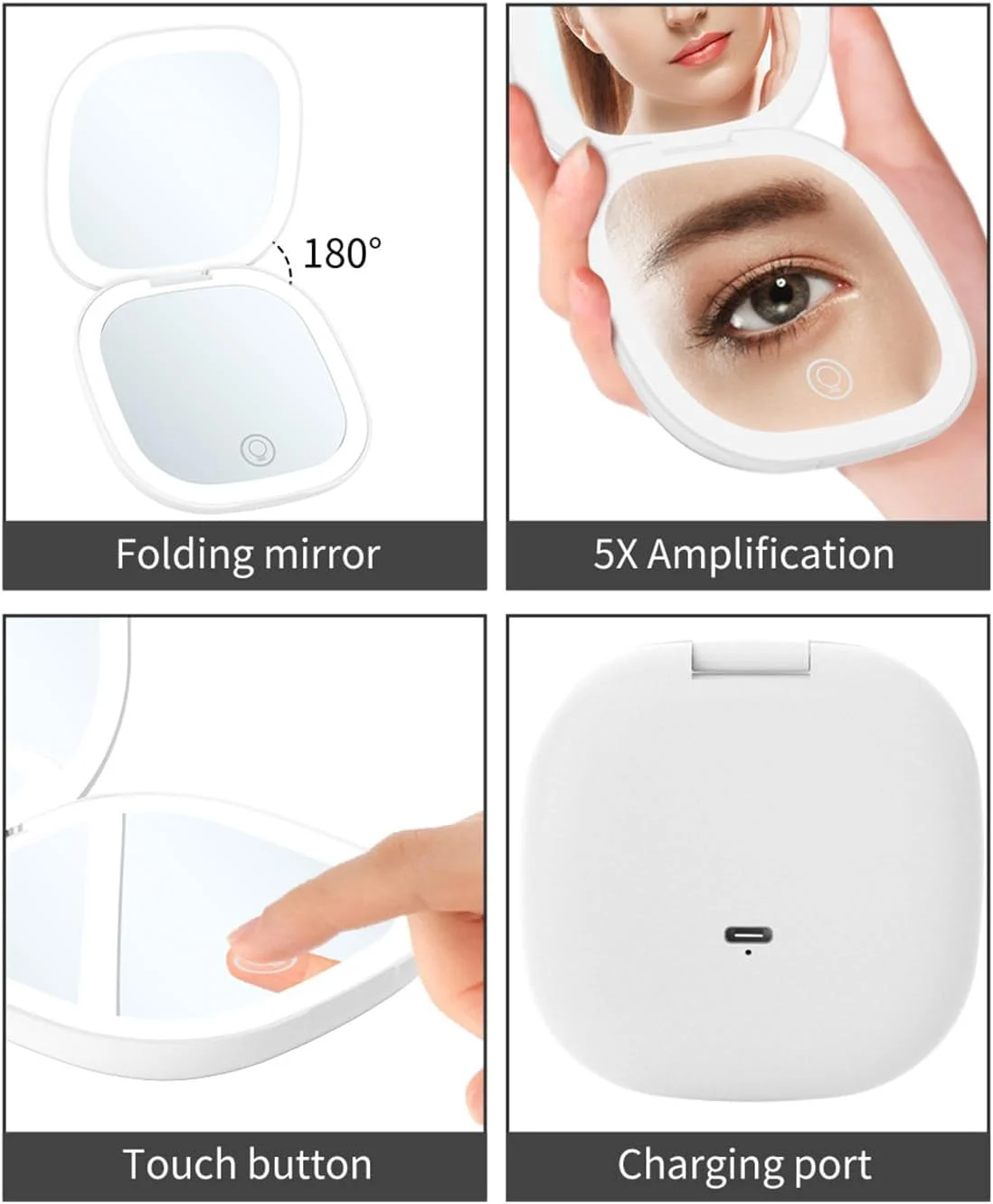 آینه آرایشی مسافرتی Meichoon، آینه دستی جیبی قابل حمل، آینه فشرده LED با بزرگنمایی 1X/5X دو طرفه، 3 رنگ قابل تنظیم، USB قابل شارژ UK16 مشکی