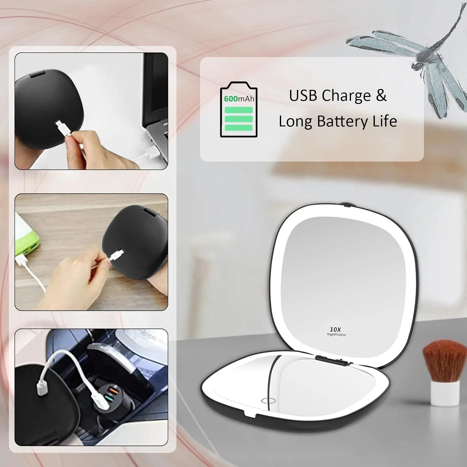 آینه آرایشی قابل حمل Micacorn با نور LED، بزرگنمایی 1 و 10 برابر، آینه تاشو شارژی USB با صفحه لمسی و 3 رنگ نور قابل تنظیم، مناسب کیف دستی