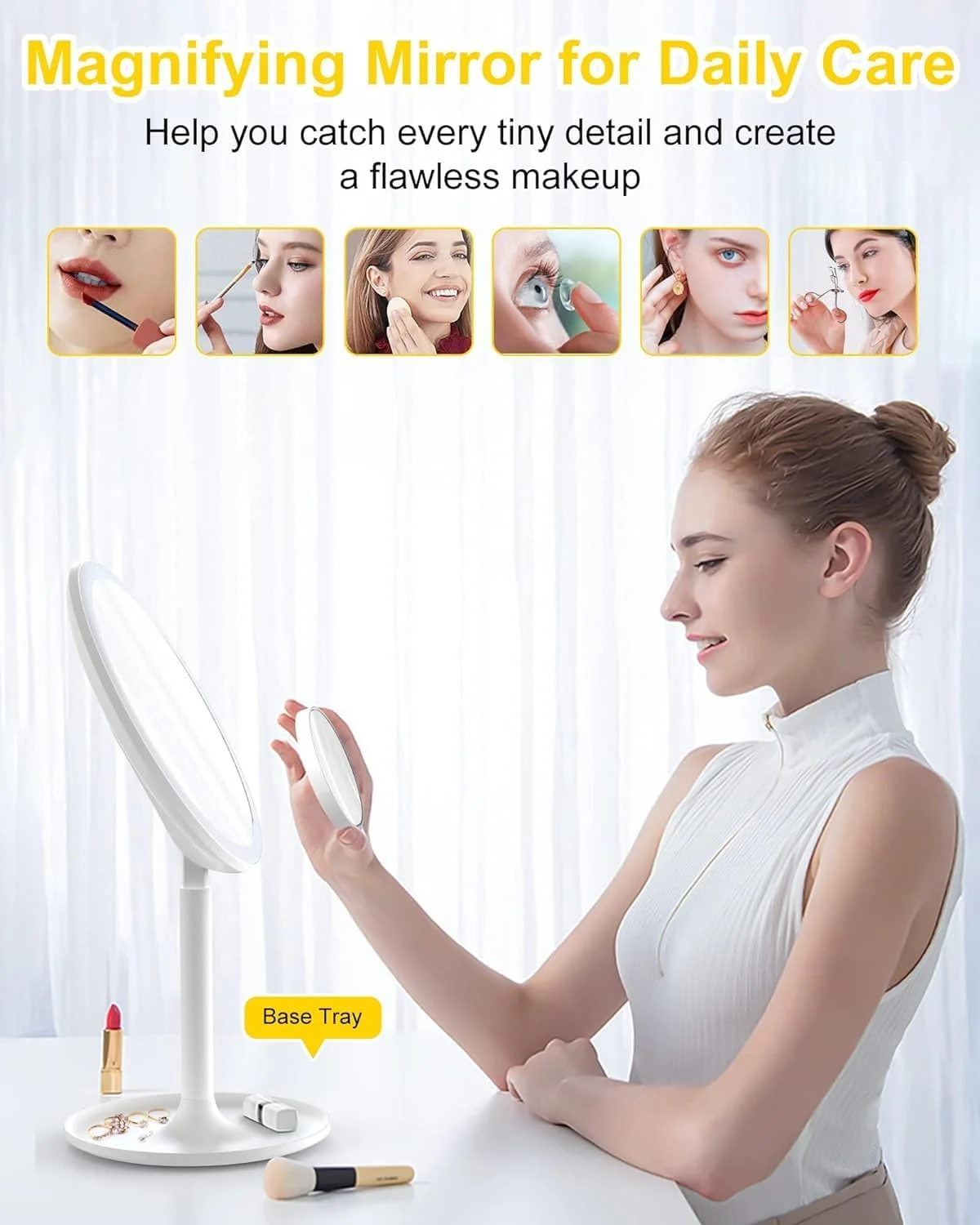 آینه آرایشی با چراغ، آینه آرایشی تاشو 8 اینچی با نور برای مسافرت، آینه روشنایی دار 46 LED با قابلیت تنظیم نور و آینه جیبی بزرگنمایی 10 برابر، آینه آرایشی قابل حمل و شارژ