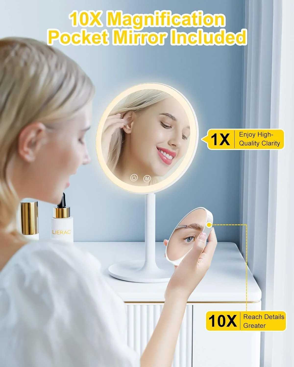 آینه آرایشی با چراغ، آینه آرایشی تاشو 8 اینچی با نور برای مسافرت، آینه روشنایی دار 46 LED با قابلیت تنظیم نور و آینه جیبی بزرگنمایی 10 برابر، آینه آرایشی قابل حمل و شارژ