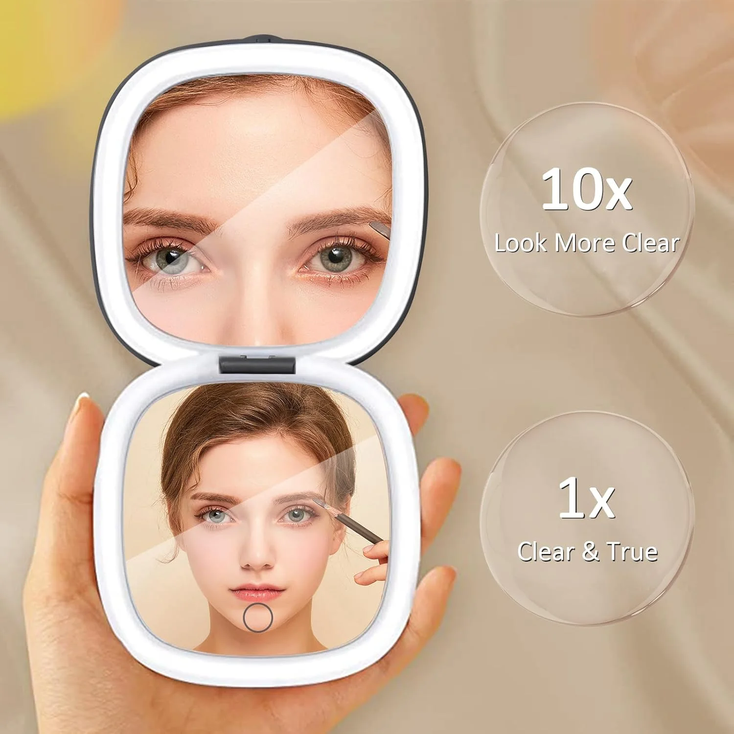 آینه آرایشی قابل حمل Micacorn با نور LED، بزرگنمایی 1 و 10 برابر، آینه تاشو شارژی USB با صفحه لمسی و 3 رنگ نور قابل تنظیم، مناسب کیف دستی
