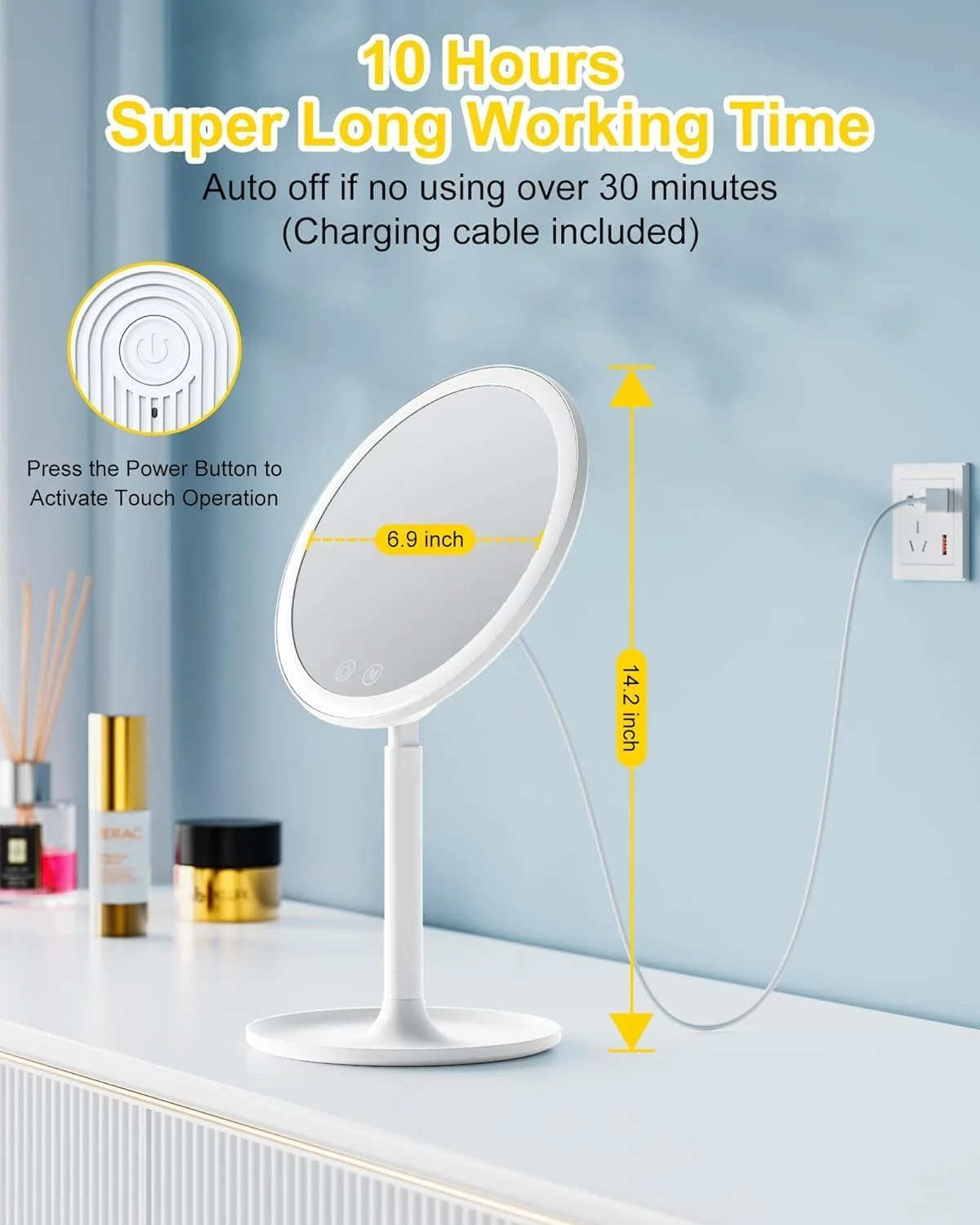 آینه آرایشی با چراغ، آینه آرایشی تاشو 8 اینچی با نور برای مسافرت، آینه روشنایی دار 46 LED با قابلیت تنظیم نور و آینه جیبی بزرگنمایی 10 برابر، آینه آرایشی قابل حمل و شارژ