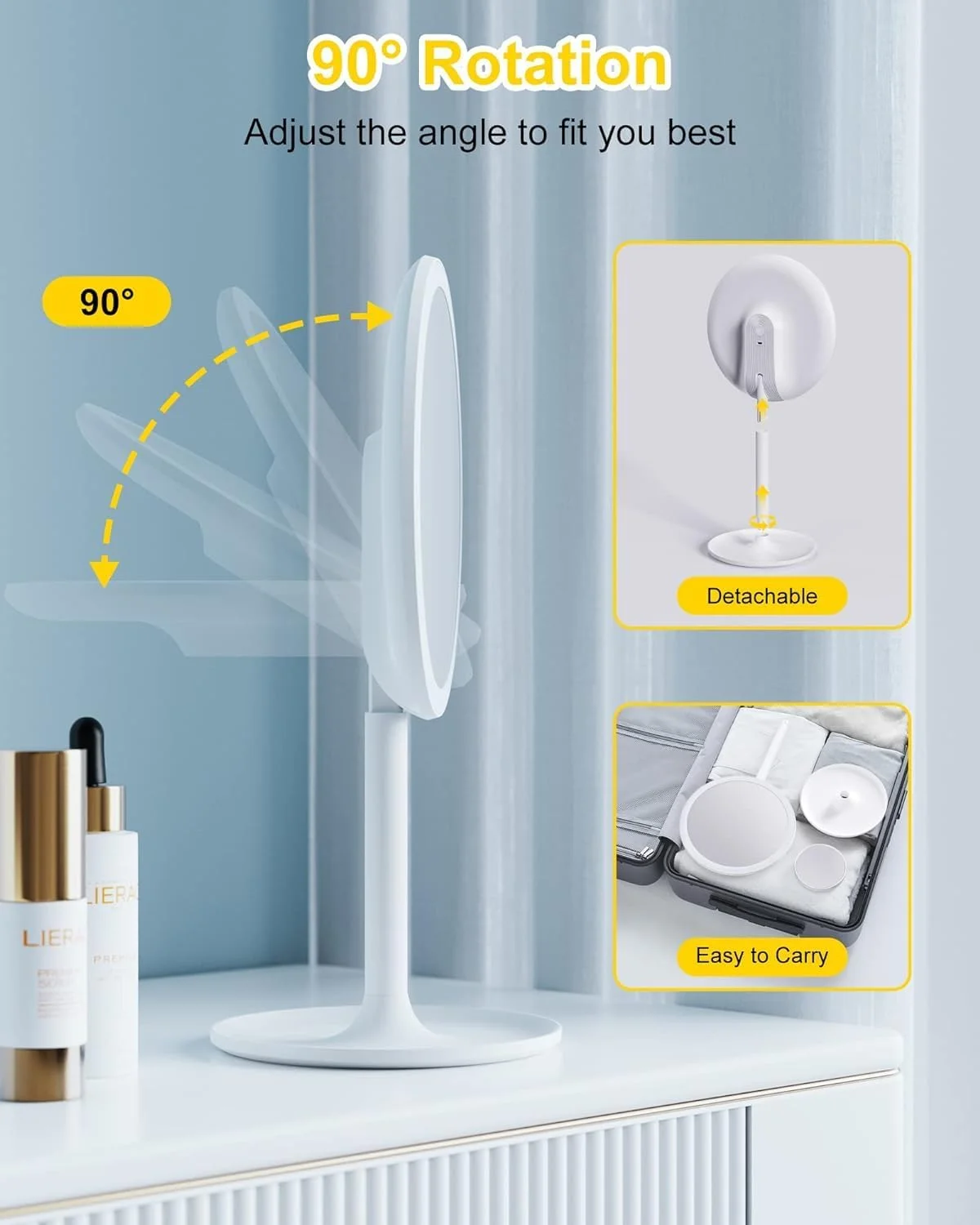 آینه آرایشی با چراغ، آینه آرایشی تاشو 8 اینچی با نور برای مسافرت، آینه روشنایی دار 46 LED با قابلیت تنظیم نور و آینه جیبی بزرگنمایی 10 برابر، آینه آرایشی قابل حمل و شارژ