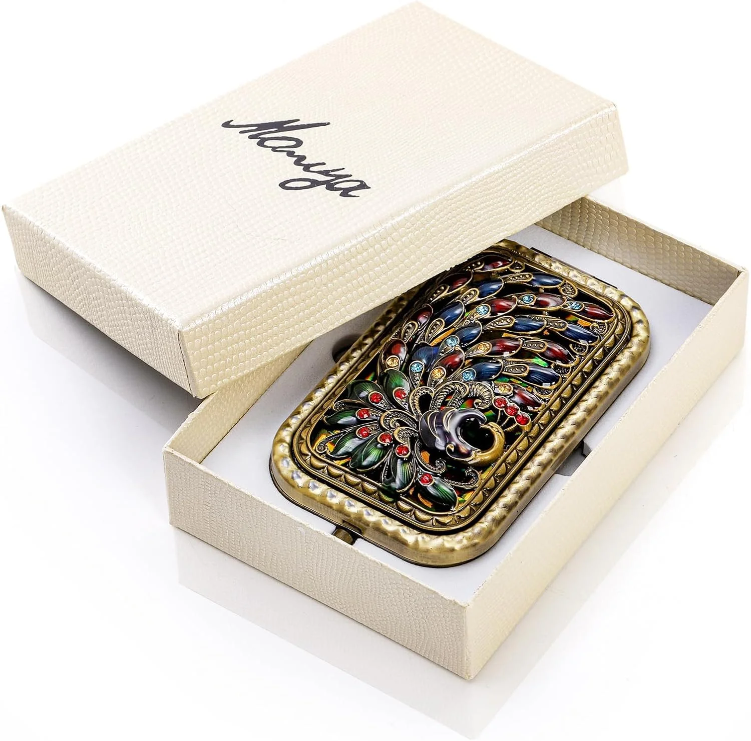 آینه آرایشی تاشو طرح وینتیج MAKINGTEC، 2 عددی، آینه جیبی لوازم آرایشی قابل حمل، آینه رومیزی دو طرفه طرح طاووس و پروانه، آینه مسافرتی کوچک فلزی تاشو برای دختران و زنان