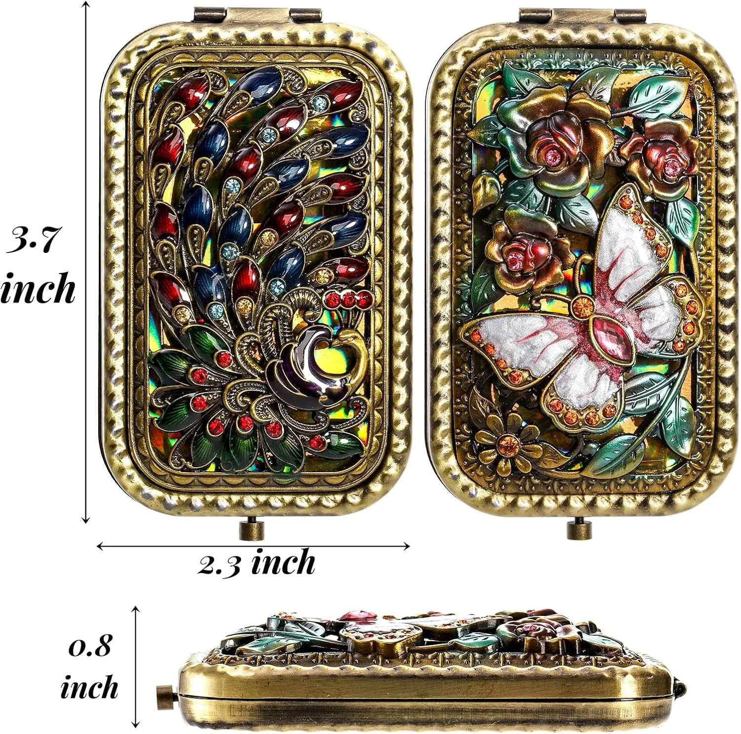 آینه آرایشی تاشو طرح وینتیج MAKINGTEC، 2 عددی، آینه جیبی لوازم آرایشی قابل حمل، آینه رومیزی دو طرفه طرح طاووس و پروانه، آینه مسافرتی کوچک فلزی تاشو برای دختران و زنان
