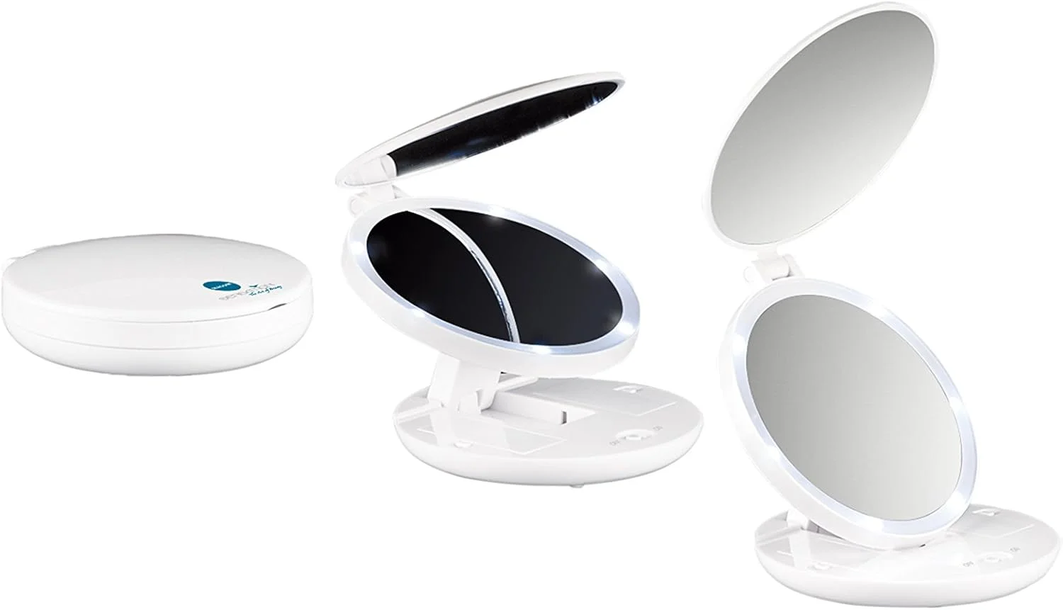 آینه جیبی MACOM Sensation 218. آینه آرایشی کوچک دو طرفه و مسافرتی روشن، قطر 11.5 سانتی متر