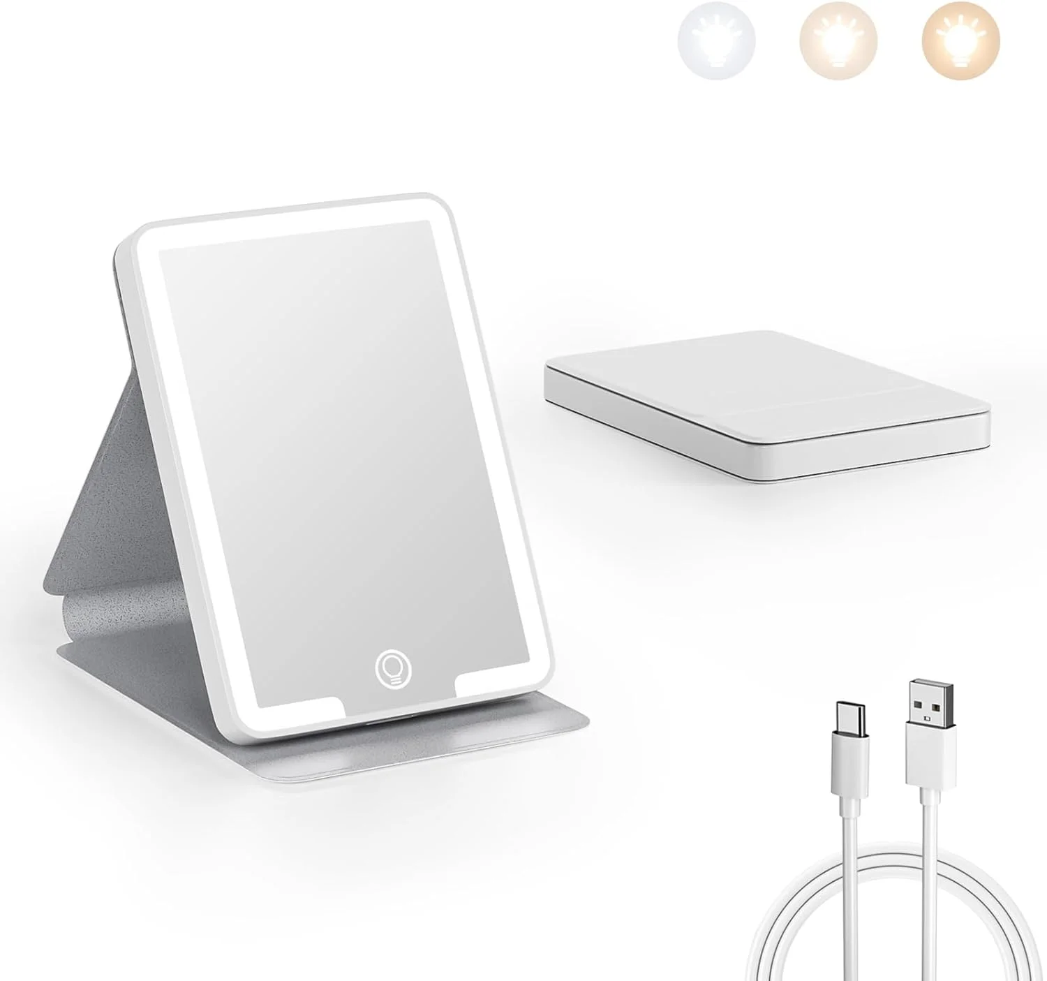 آینه مسافرتی کینتیون با نور، آینه جیبی LED تاشو قابل حمل، آینه آرایشی جمع و جور قابل شارژ، 3 حالت رنگی، کم نور شونده، چرم PU، آینه کوچک جمع و جور به عنوان هدیه برای زنان، سفید آینه مسافرتی کینتیون با نور، آینه جیبی LED تاشو قابل حمل، آینه آرایشی جمع و جور قابل شارژ، 3 حالت رنگی، کم نور شونده، چرم PU، آینه کوچک جمع و جور به عنوان هدیه برای زنان، سفید