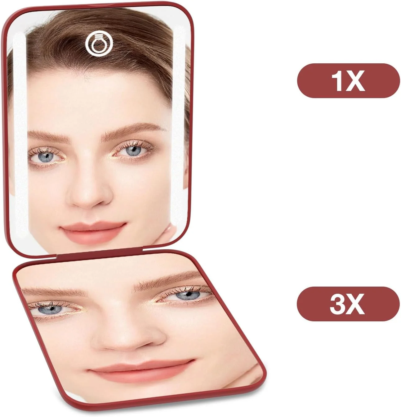 آینه جیبی شارژی Kintion، آینه آرایشی دو طرفه با بزرگنمایی 1X/3X، دارای 3 رنگ نور، کم نور شونده، آینه کیف پول کوچک قابل حمل، آینه مسافرتی روشن برای هدیه زنان، قرمز شرابی