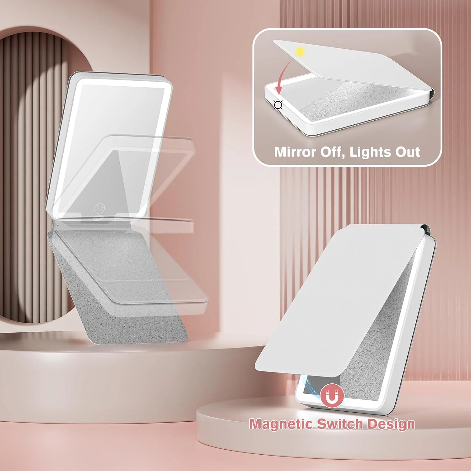 آینه مسافرتی کینتیون با نور، آینه جیبی LED تاشو قابل حمل، آینه آرایشی جمع و جور قابل شارژ، 3 حالت رنگی، کم نور شونده، چرم PU، آینه کوچک جمع و جور به عنوان هدیه برای زنان، سفید