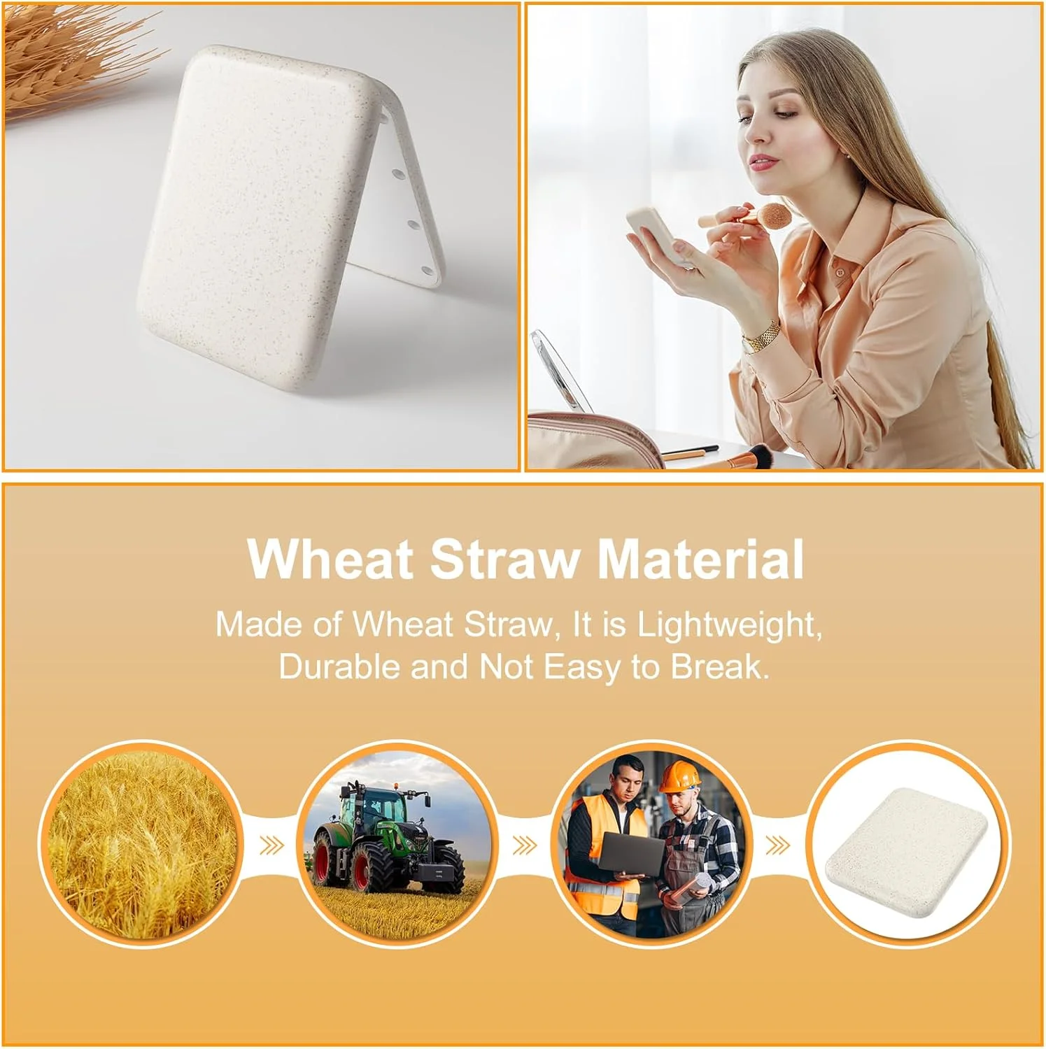 آینه جیبی شارژی Kintion، ساخته شده از کاه گندم، بزرگنمایی 1X/3X، آینه جمع و جور قابل حمل، آینه مسافرتی دستی، آینه کوچک کیف دستی برای زنان، رنگ زردآلویی