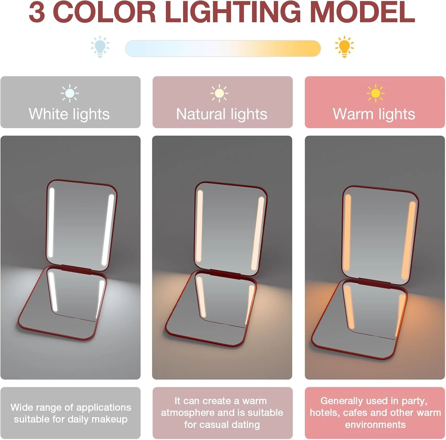آینه جیبی شارژی Kintion، آینه آرایشی دو طرفه با بزرگنمایی 1X/3X، دارای 3 رنگ نور، کم نور شونده، آینه کیف پول کوچک قابل حمل، آینه مسافرتی روشن برای هدیه زنان، قرمز شرابی