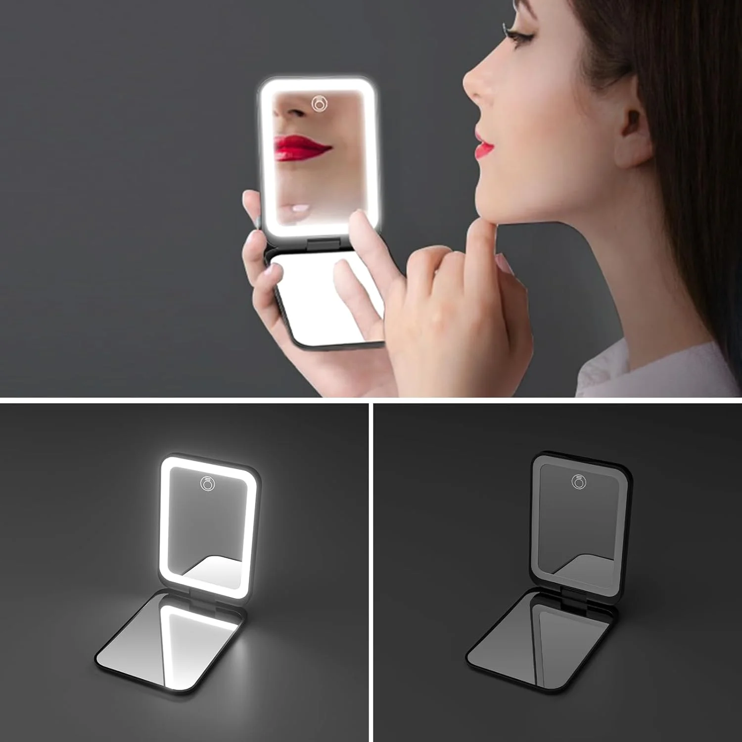آینه جیبی Kintion، آینه آرایشی مسافرتی فشرده LED با بزرگنمایی 1X/3X برای کیف پول، نورپردازی 3 رنگ قابل تنظیم، آینه‌های قابل حمل شارژی برای هدیه زنان، مشکی