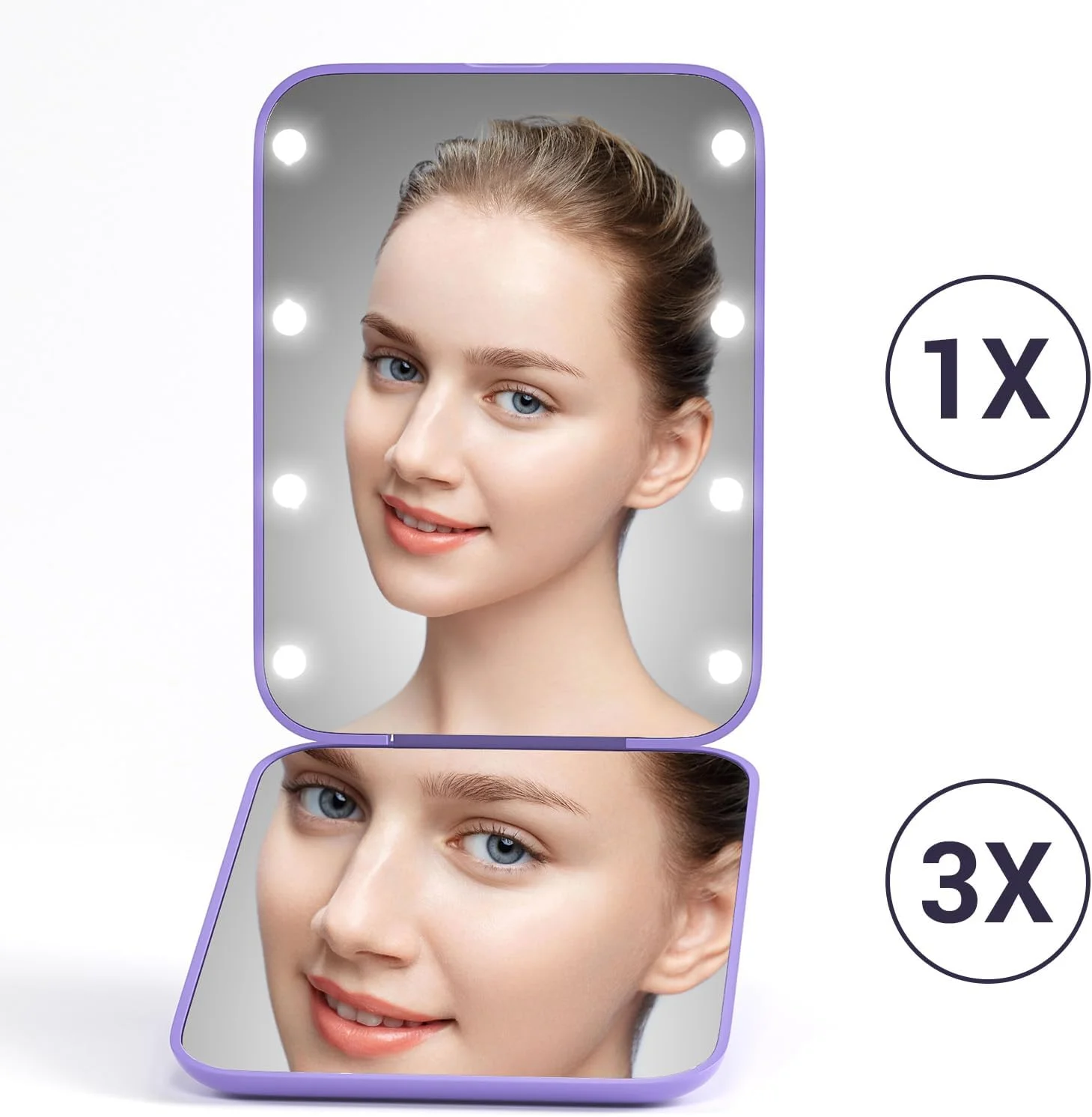 Kintion Pocket Mirror, 1X/3X Magnification LED Compact Travel Makeup Mirror with Light for Purse, 2-Sided, Portable, Folding, Handheld, Small Lighted Mirror for Gift, Purple