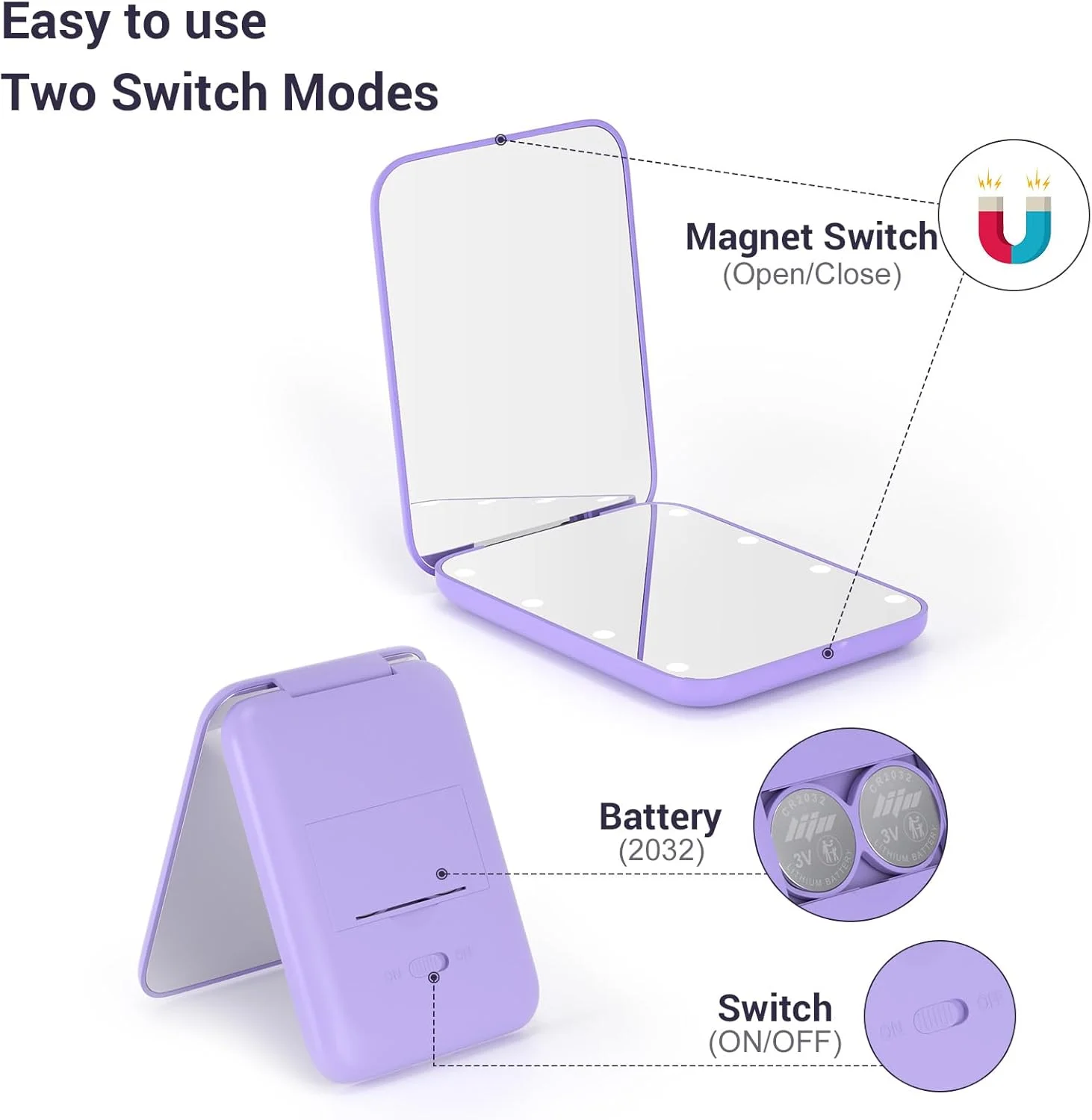 Kintion Pocket Mirror, 1X/3X Magnification LED Compact Travel Makeup Mirror with Light for Purse, 2-Sided, Portable, Folding, Handheld, Small Lighted Mirror for Gift, Purple