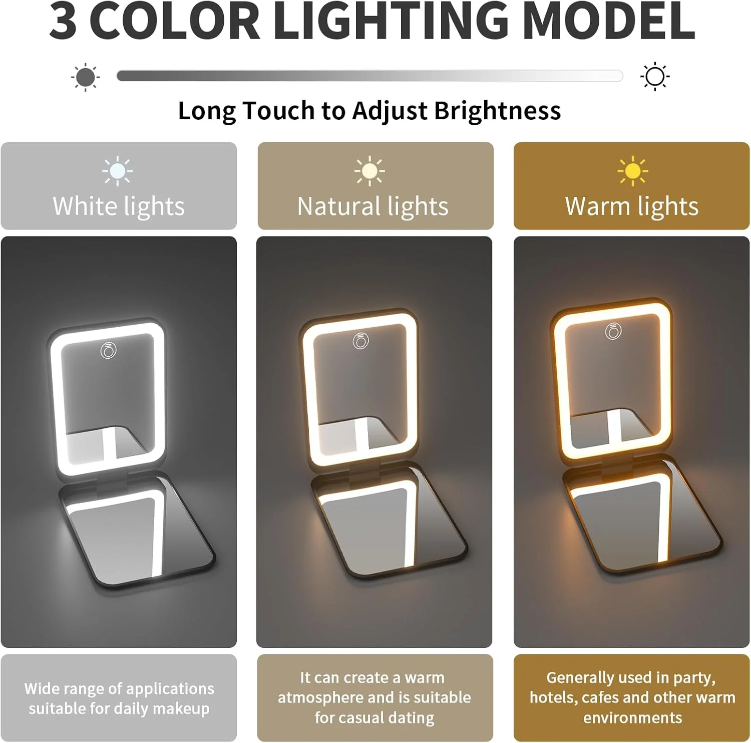 آینه جیبی Kintion، آینه آرایشی مسافرتی فشرده LED با بزرگنمایی 1X/3X برای کیف پول، نورپردازی 3 رنگ قابل تنظیم، آینه‌های قابل حمل شارژی برای هدیه زنان، مشکی