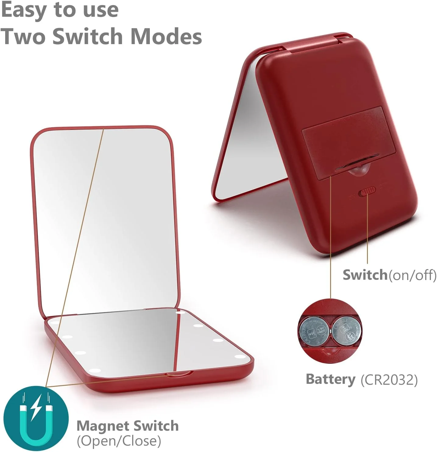 آینه جیبی Kintion، آینه آرایشی مسافرتی جمع و جور LED با بزرگنمایی 1X/3X، آینه جمع و جور با نور، آینه کیف دستی، قابل حمل، تاشو، دستی، آینه جمع و جور کوچک روشن برای هدیه، قرمز شرابی