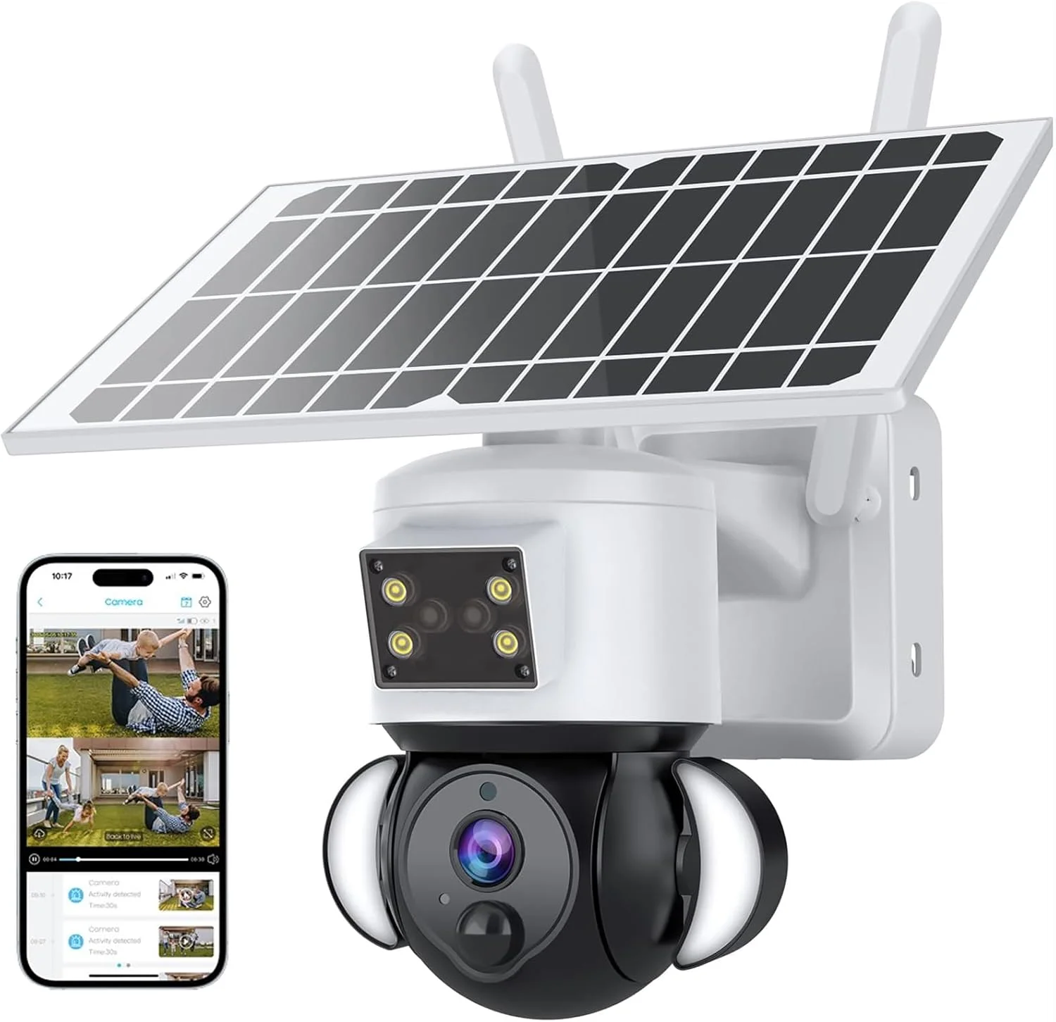 دوربین های امنیتی خورشیدی NALACAL، دوربین های 6 مگاپیکسلی FHD WiFi با دید 360 درجه، دوربین های خورشیدی 15000 میلی آمپری برای خانه، چراغ سیل PIR با سنسور حرکتی با آژیر، صدای دو طرفه، دید در شب رنگی، UBOX Smart Life