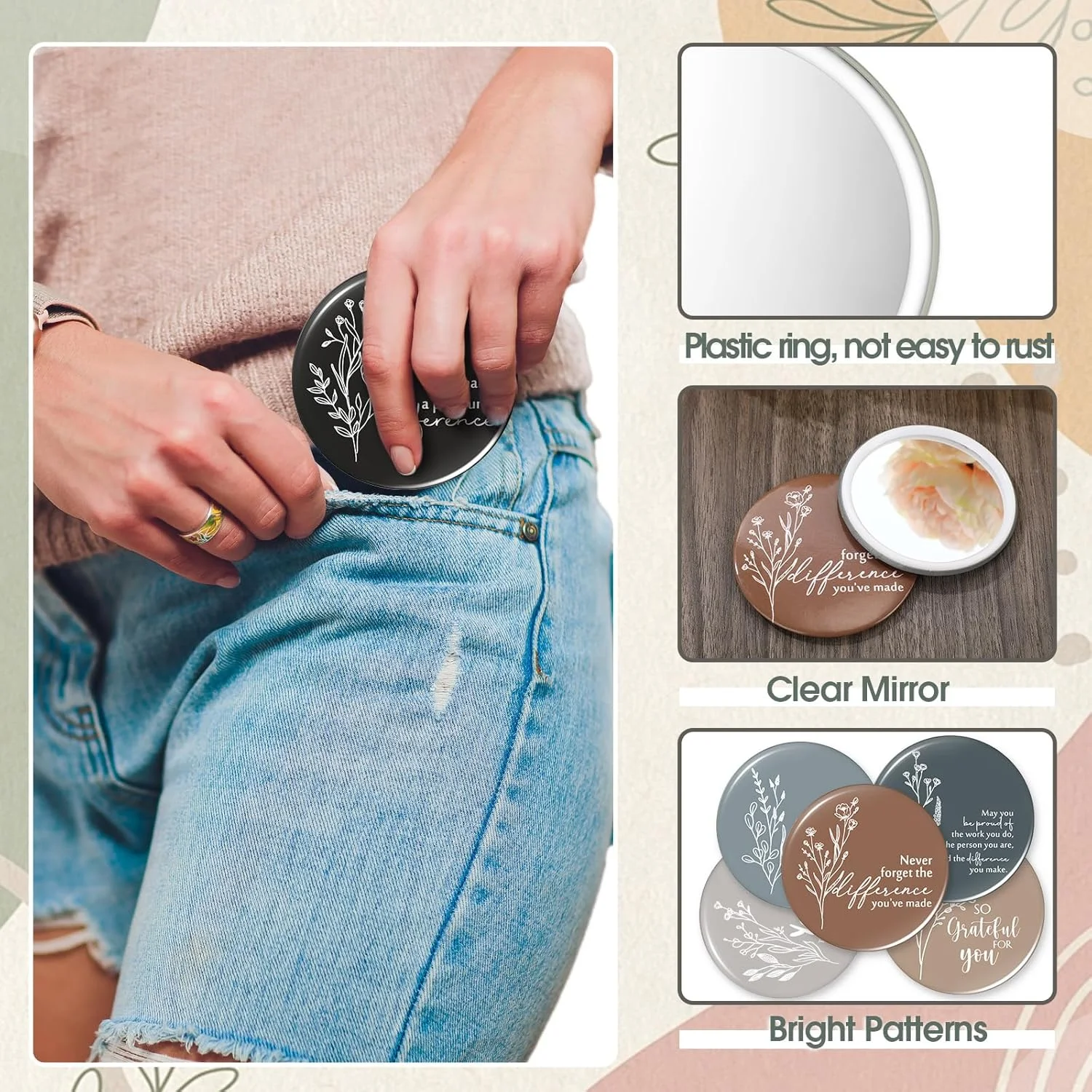 آینه های جیبی انگیزشی کیگلی، بسته 50 عددی، آینه آرایشی گرد کوچک قابل حمل، هدیه تقدیر از کارمندان، مناسب برای زنان، معلمان، همکاران، پرستاران، کارمندان و فارغ التحصیلان