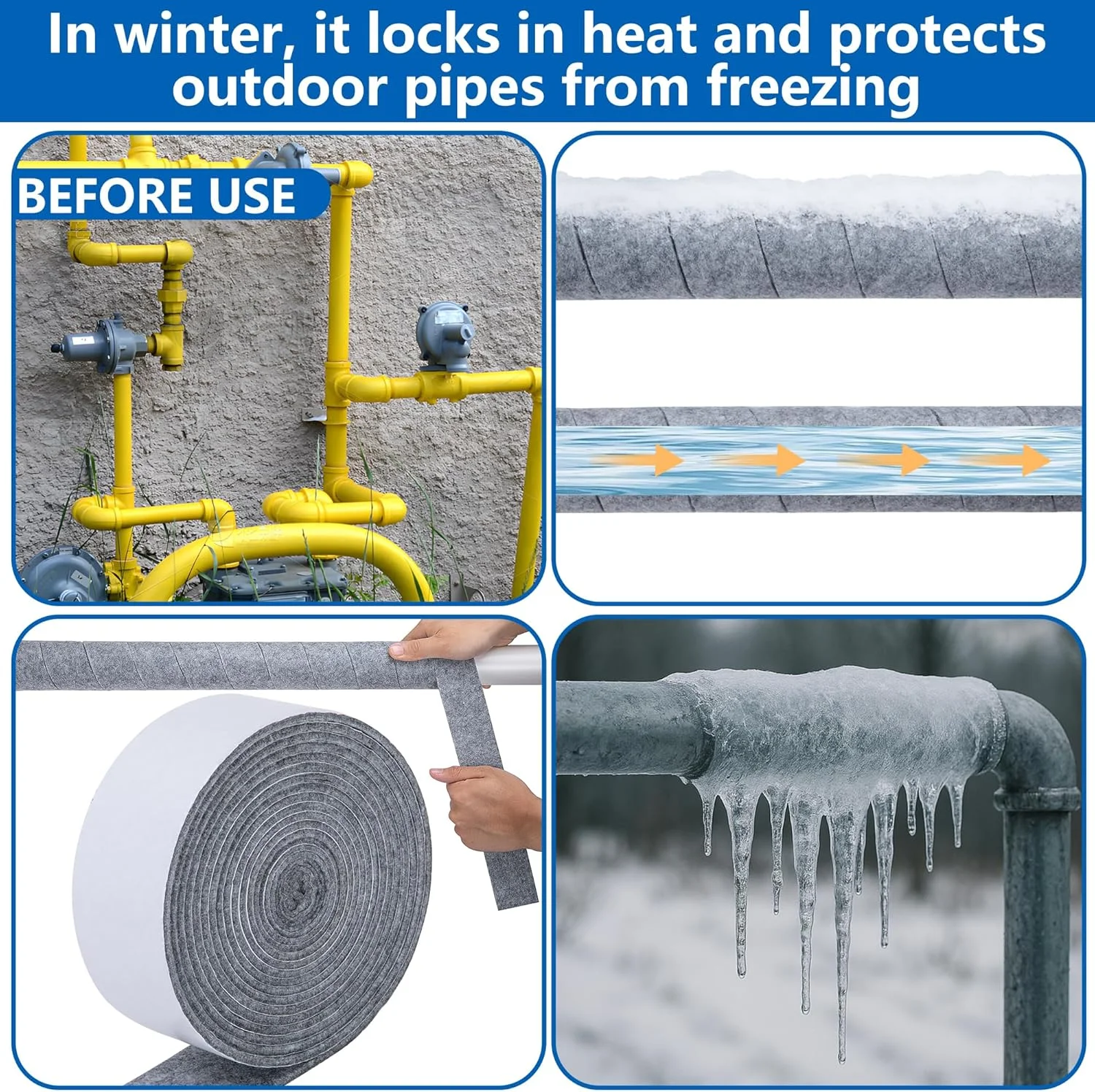 نوار عایق لوله 5 متری با ابعاد 6 سانتی متر در 5 متر - پوشش عایق نمدی چسبی برای لوله های آب سرد و گرم داخلی و خارجی، محافظت در برابر یخ زدگی زمستانه، کاهش اتلاف حرارت