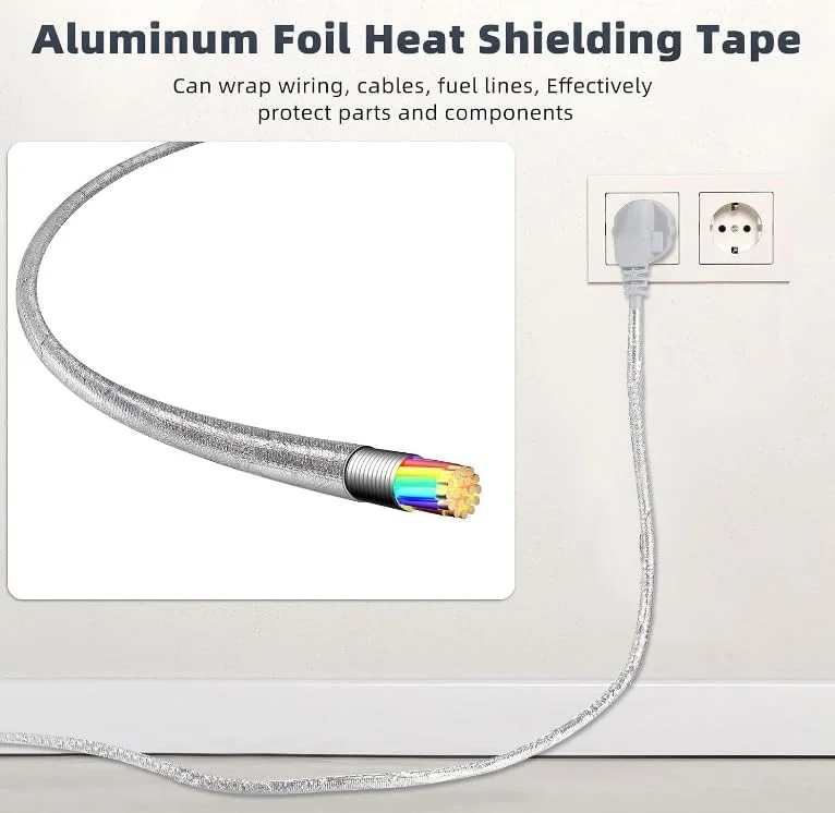 دو رول نوار فویل آلومینیومی نقره ای با دمای بالا، 5 سانتی متر × 10 متر محافظ حرارتی با چسب، نوار عایق حرارتی فایبرگلاس بازتابنده برای خودرو، HVAC، محافظت از لوله اگزوز