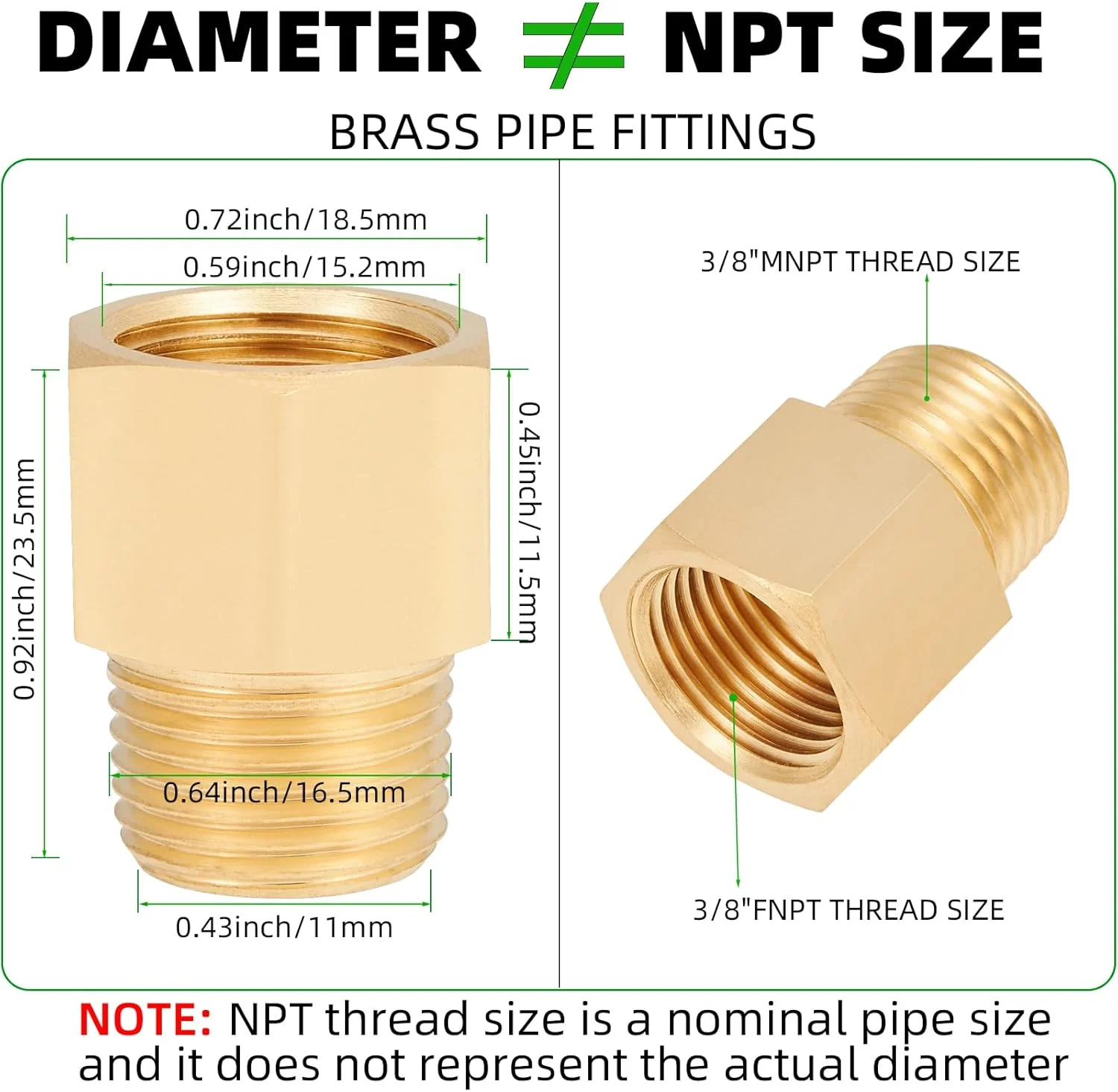 اتصالات لوله برنجی، تبدیل نر 3/8 اینچ NPT به ماده 3/8 اینچ NPT، اتصالات لوله شیلنگ برنجی، آداپتور کاهنده سر شش گوش 5 عددی (نر 3/8 اینچ NPT به ماده 3/8 اینچ NPT)