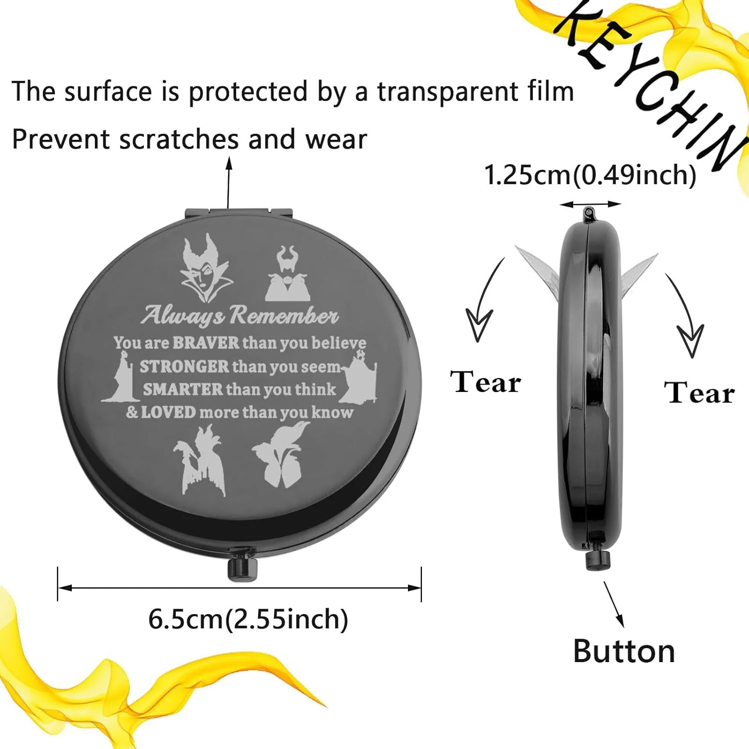آینه جیبی ملکه شیطانی KEYCHIN، هدیه ای برای طرفداران فیلم های شرور. تو شجاع تر، قوی تر و باهوش تر از آن چیزی هستی که فکر می کنی. آینه جمع و جور برای زنان، دختران و نوجوانان (شرور همیشه - BL)