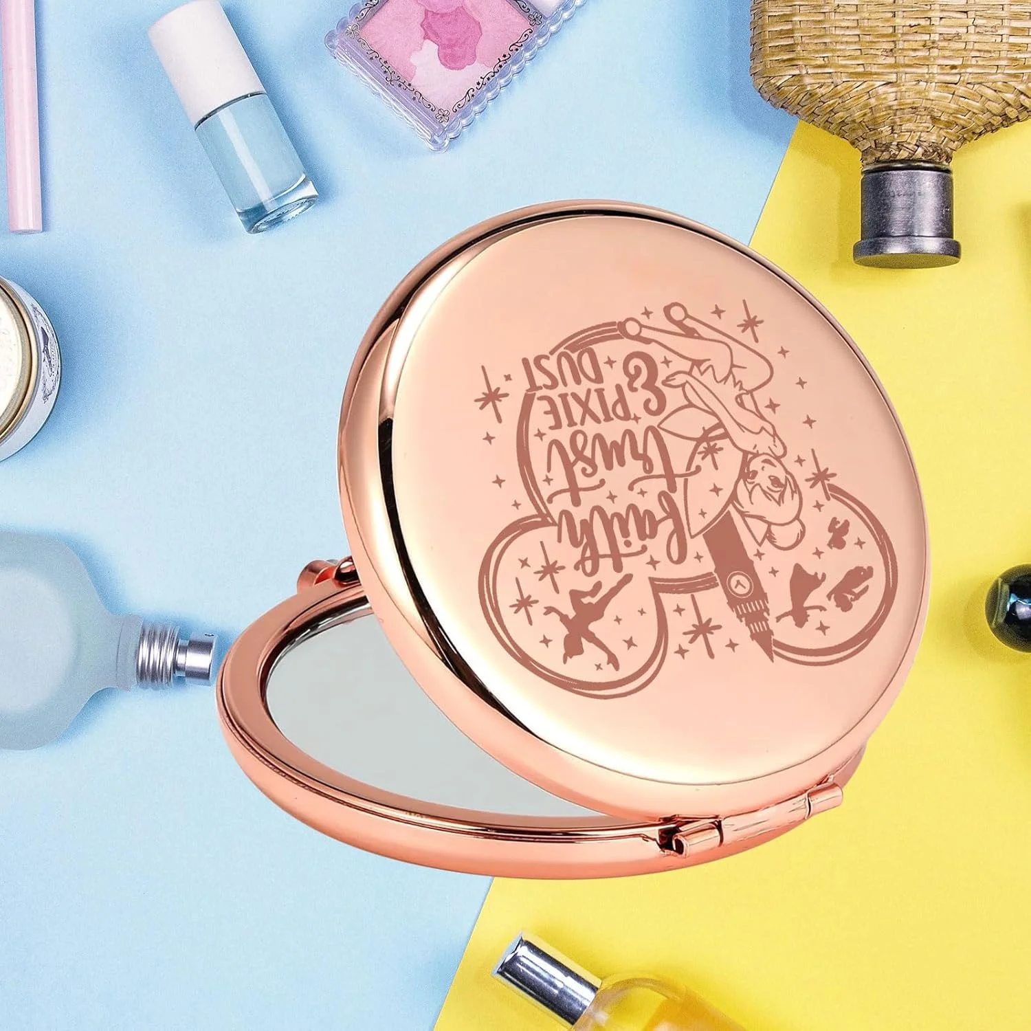 آینه جیبی پرنسس پری KEYCHIN، هدیه ای برای طرفداران افسانه ای پری، آینه جمع و جور گرد و غبار پیکسی (Pixie Dust-RG)