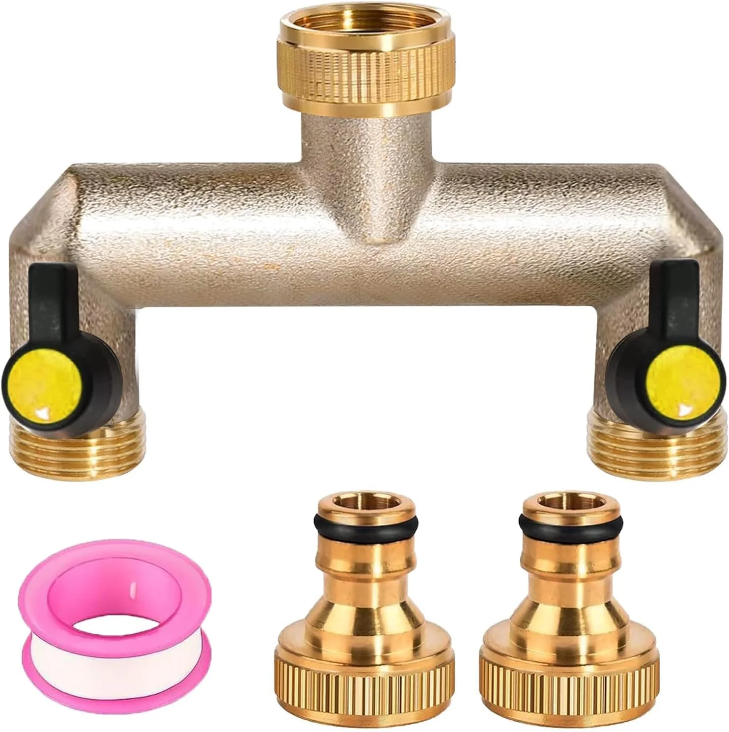 اتصال دو راهی شلنگ آب، تقسیم کننده آب برنجی 3/4 اینچ با شیرهای توپی، اتصال Y شیر آب با 2 آداپتور اتصال سریع