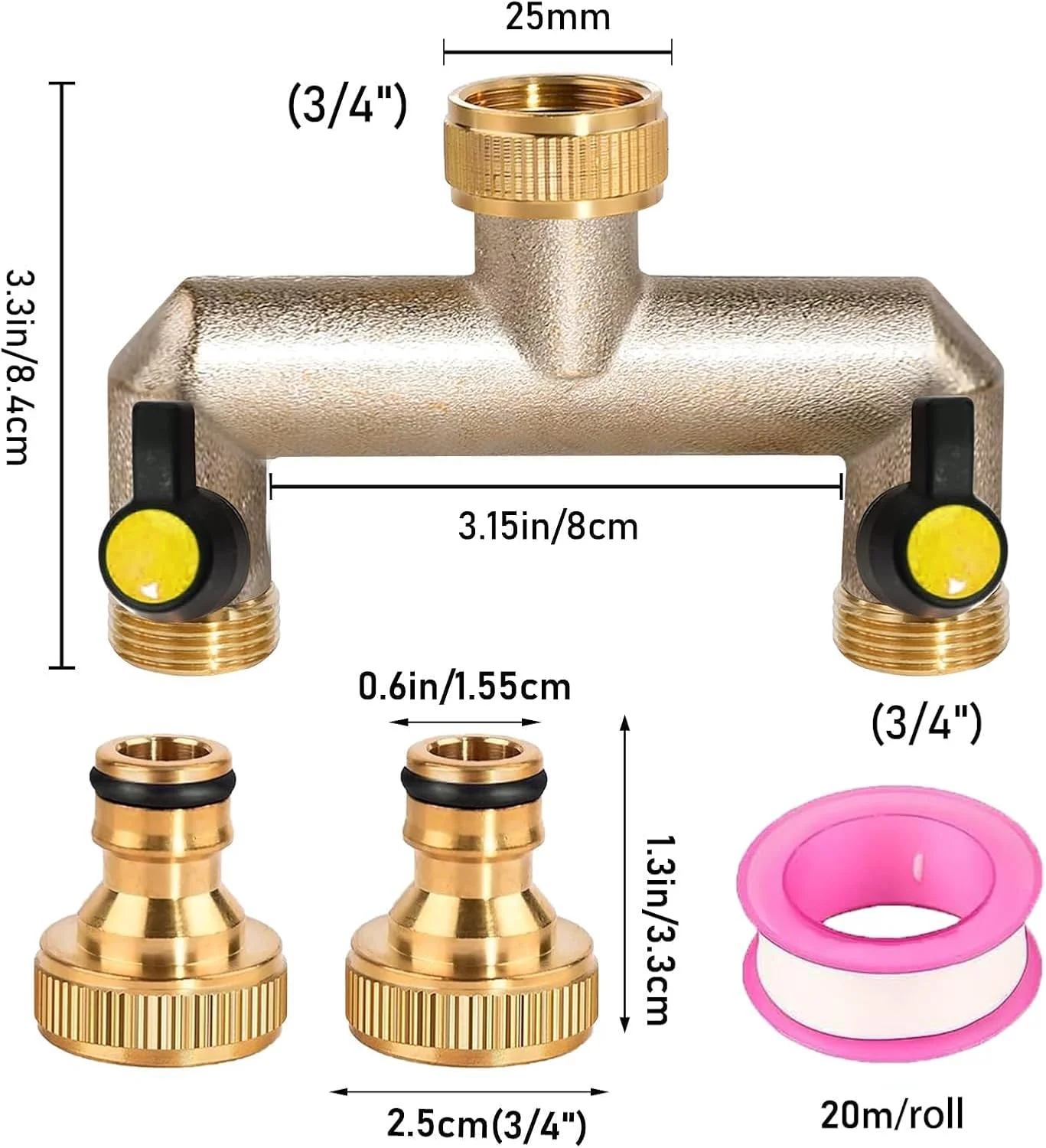 اتصال دو راهی شلنگ آب، تقسیم کننده آب برنجی 3/4 اینچ با شیرهای توپی، اتصال Y شیر آب با 2 آداپتور اتصال سریع