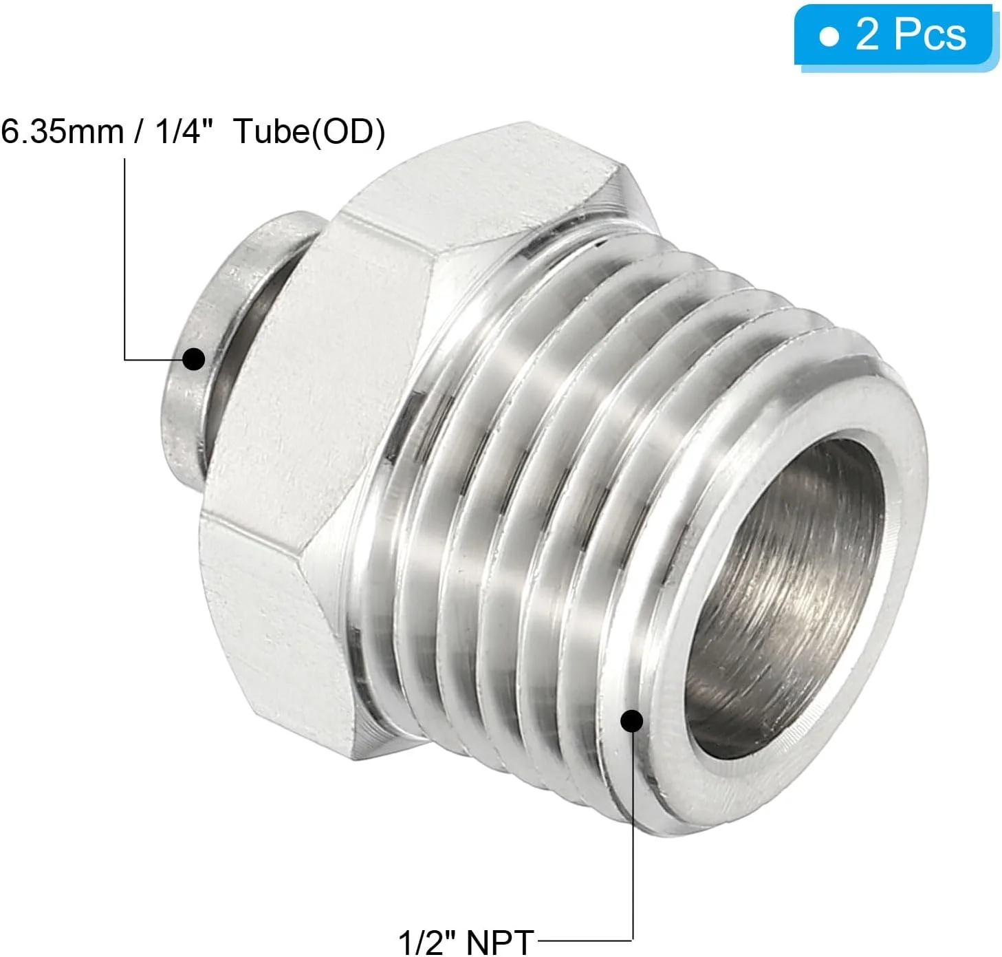 اتصالات فشاری، 2 عدد استیل ضد زنگ 304، اتصال مستقیم نر PC، لوله 1/4 اینچ OD x رزوه 1/2 اینچ NPT، اتصالات قفل فشاری پنوماتیک