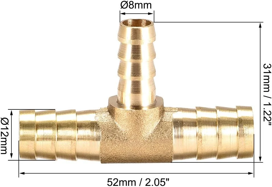 اتصال سه راهی شیلنگ برنجی کاهنده سایز، مناسب برای شیلنگ با قطر داخلی 12mm x 8mm x 12mm، بسته 2 عددی