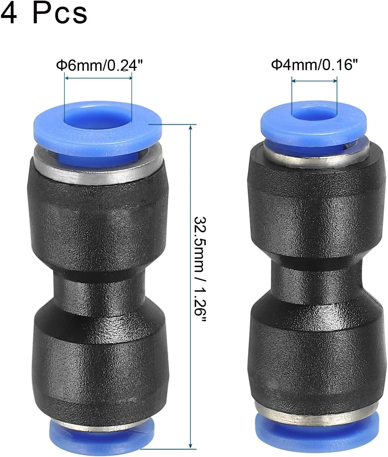 اتصال پنوماتیک فشاری، تبدیل 6 میلی متر به 4 میلی متر، اتصال سریع شلنگ هوا، اتصال مستقیم، مشکی، 4 عدد