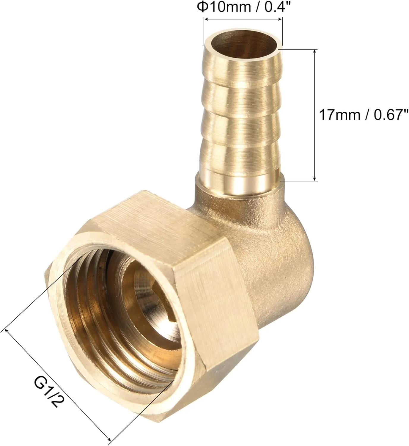 اتصال زانویی شیلنگ برنجی sourcing map، خاردار 10 میلی متر x اتصال لوله مهره چرخشی مادگی G1/2 برای آب، سوخت، هوا، بسته 2 عددی
