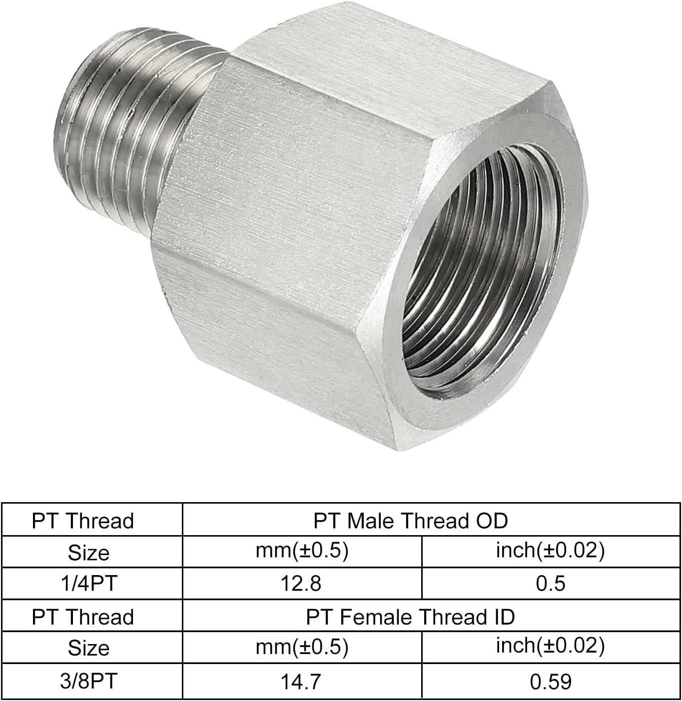 تبدیل کاهنده اتصالات لوله سورسیینگ مپ، 1/4 اینچ PT نر به 3/8 اینچ PT ماده، آداپتور کاهنده رزوه ای استیل ضد زنگ، بسته 2 عددی