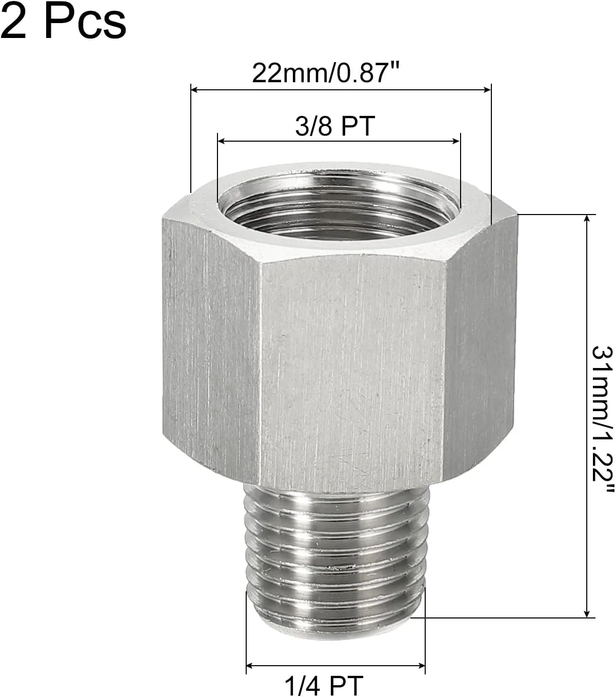 تبدیل کاهنده اتصالات لوله سورسیینگ مپ، 1/4 اینچ PT نر به 3/8 اینچ PT ماده، آداپتور کاهنده رزوه ای استیل ضد زنگ، بسته 2 عددی