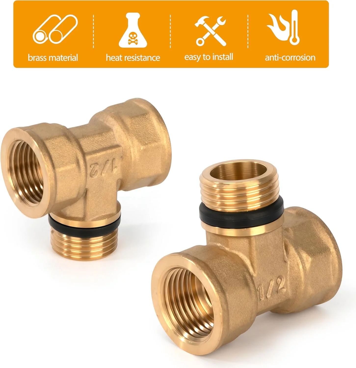 اتصال سه راهی برنجی، 2 عدد، رزوه مادگی 1/2 اینچ x رزوه نری x رزوه مادگی، اتصالات رزوه ای 90 درجه با لاستیک، اتصالات لوله برنجی فلزی برای آب، هوا، بهداشتی، آب آشامیدنی
