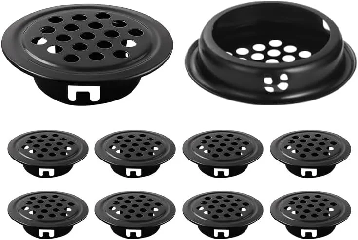 ۱۰ عدد دریچه تهویه هوا ۲۵ میلی‌متری استیل ضد زنگ - توری‌های مشبک دایره‌ای مشکی برای تهویه کابینت/کمد، پنل‌های جریان هوای ضد زنگ برای قفسه کتاب/جای کفش