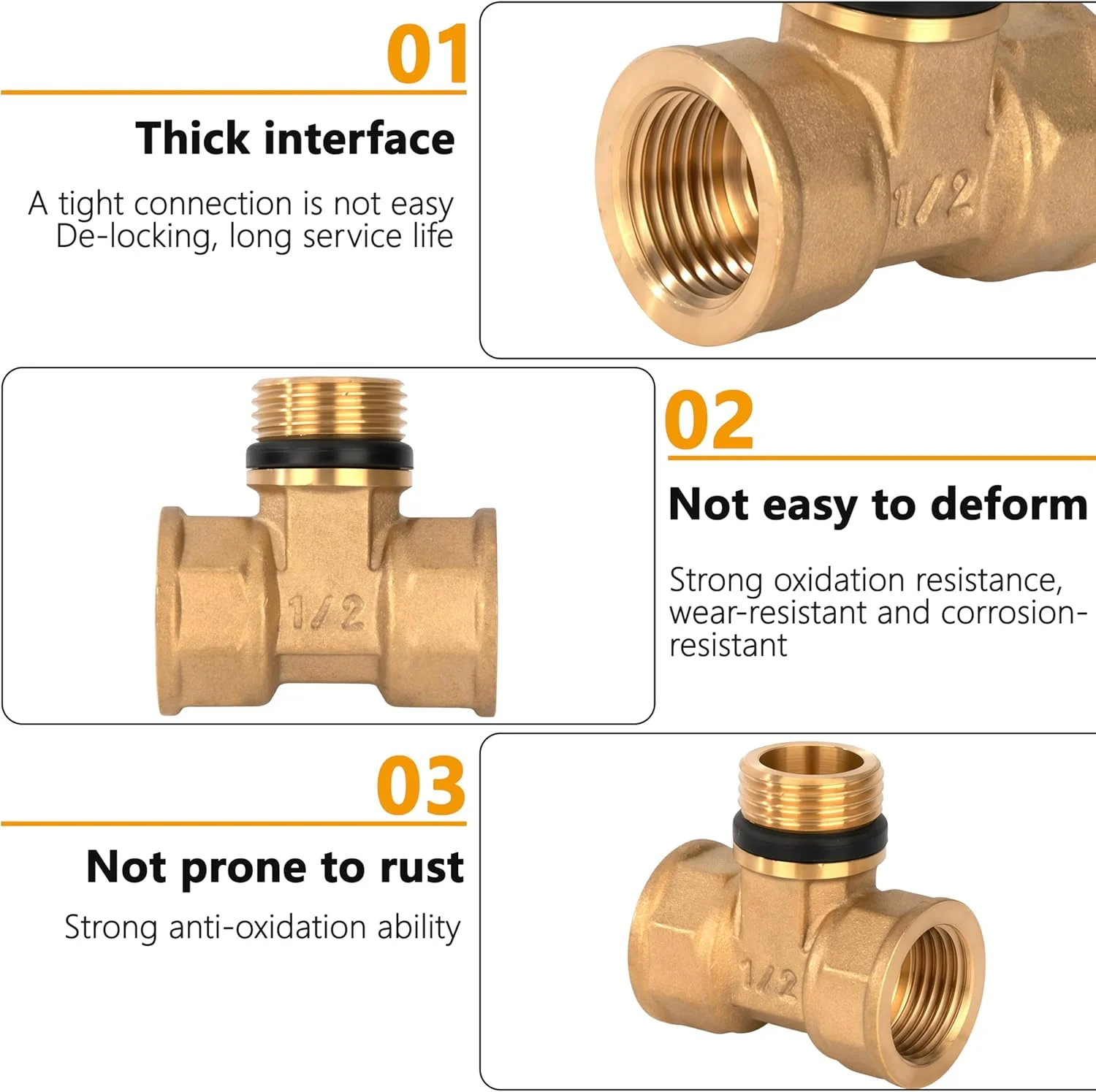 اتصال سه راهی برنجی، 2 عدد، رزوه مادگی 1/2 اینچ x رزوه نری x رزوه مادگی، اتصالات رزوه ای 90 درجه با لاستیک، اتصالات لوله برنجی فلزی برای آب، هوا، بهداشتی، آب آشامیدنی