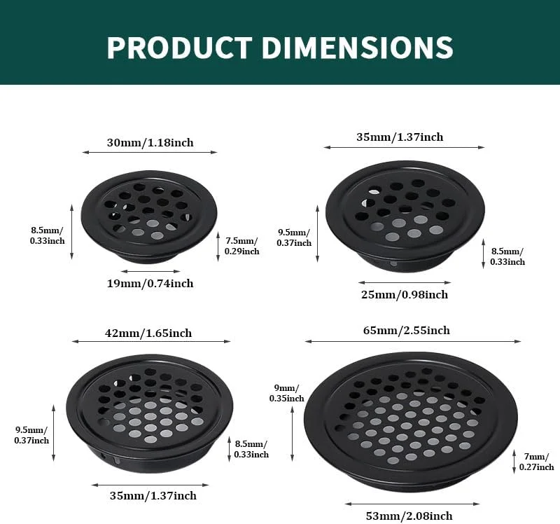 ۱۰ عدد دریچه تهویه هوا ۲۵ میلیمتری استیل ضد زنگ - توریهای مشبک دایرهای مشکی برای تهویه کابینت/کمد، پنلهای جریان هوای ضد زنگ برای قفسه کتاب/جای کفش ۱۰ عدد دریچه تهویه هوا ۲۵ میلیمتری استیل ضد زنگ - توریهای مشبک دایرهای مشکی برای تهویه کابینت/کمد، پنلهای جریان هوای ضد زنگ برای قفسه کتاب/جای کفش