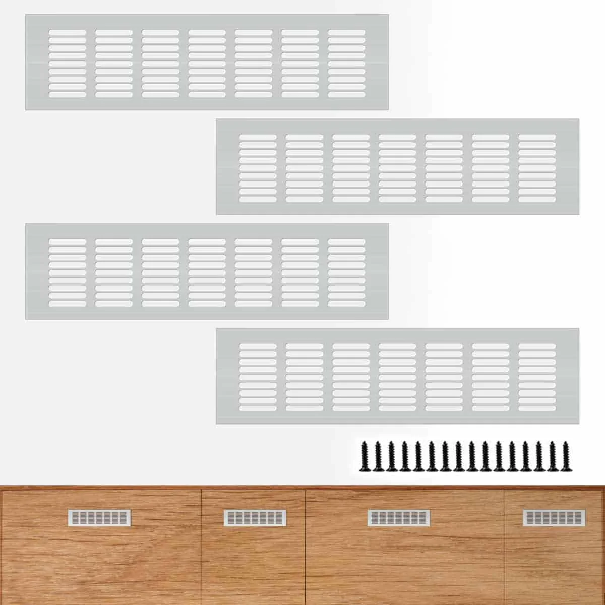4 عدد دریچه هوا 80mmx300mm، پوشش دریچه هوا از جنس آلیاژ آلومینیوم، دریچه تهویه مستطیلی برای کمد لباس، جاکفشی، کابینت و سینک