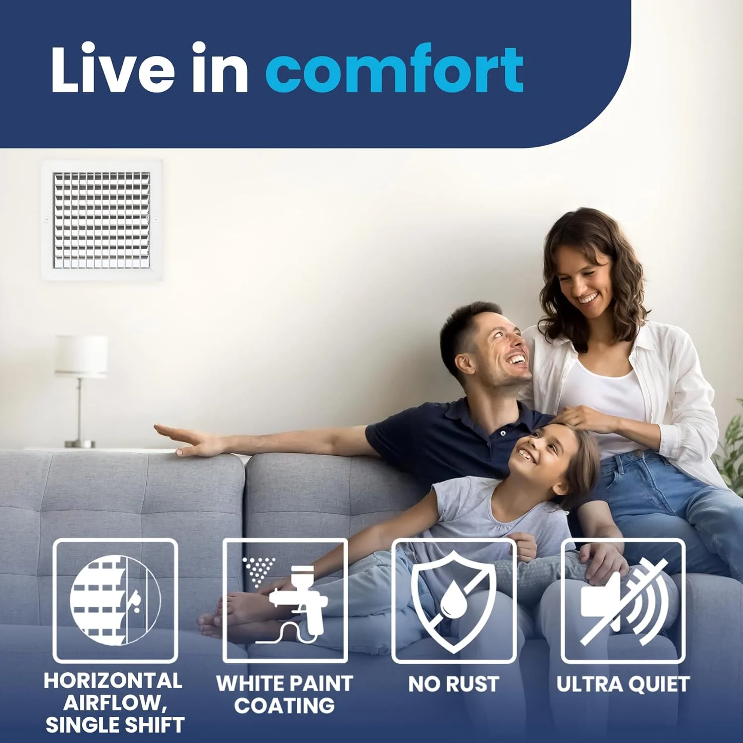 دریچه هوا آلومینیومی تک پره قابل تنظیم با دمپر چند شاتره، سایز 10" x 10" (اندازه بیرونی 11.6" x 11.6") - جریان هوای بالا - پوشش دریچه دیواری HVAC