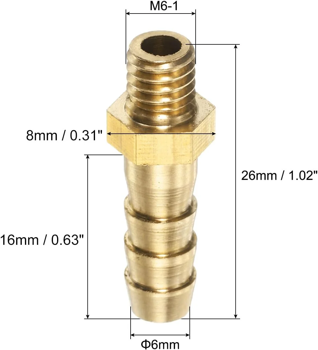 اتصالات شیلنگ برنجی 5 عددی، تبدیل M6-1 نری به شیلنگ خور، مناسب برای شیلنگ با قطر داخلی 6 میلی متر، اتصال دهنده آداپتور لوله دنده ای برای آب، سوخت، هوا