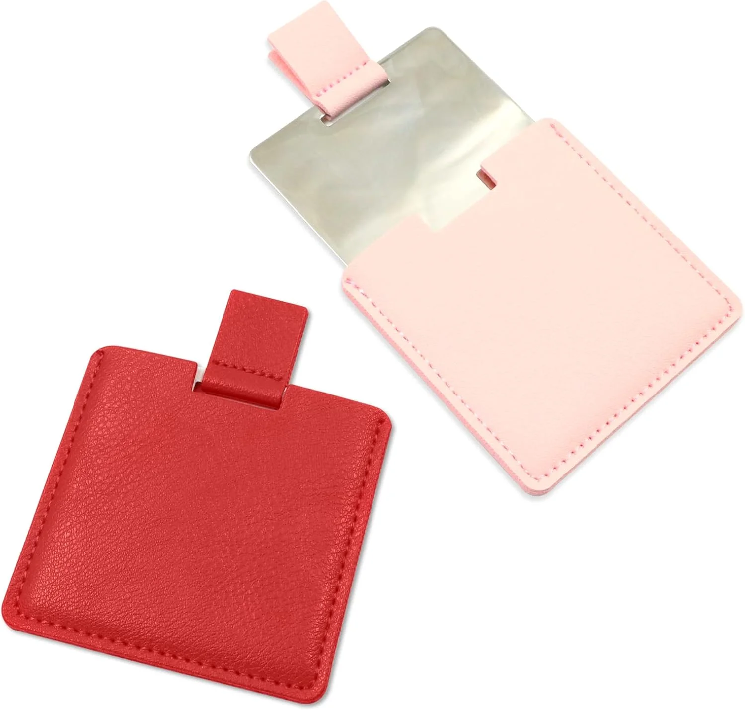 آینه جیبی استیل ضد زنگ Huakaile، نشکن، مناسب کیف دستی، آینه مسافرتی با روکش چرمی PU، آینه اصلاح دستی برای زنان و مردان، آرایش، هدیه (صورتی و قرمز) - 2 عدد