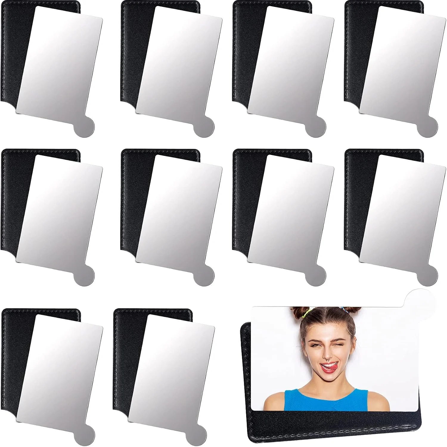 آینه کارتی جتک، 10 عدد آینه جیبی کوچک و جمع و جور مناسب کیف پول، آینه آرایشی نشکن مسافرتی با جلد چرمی مشکی برای زنان و مردان