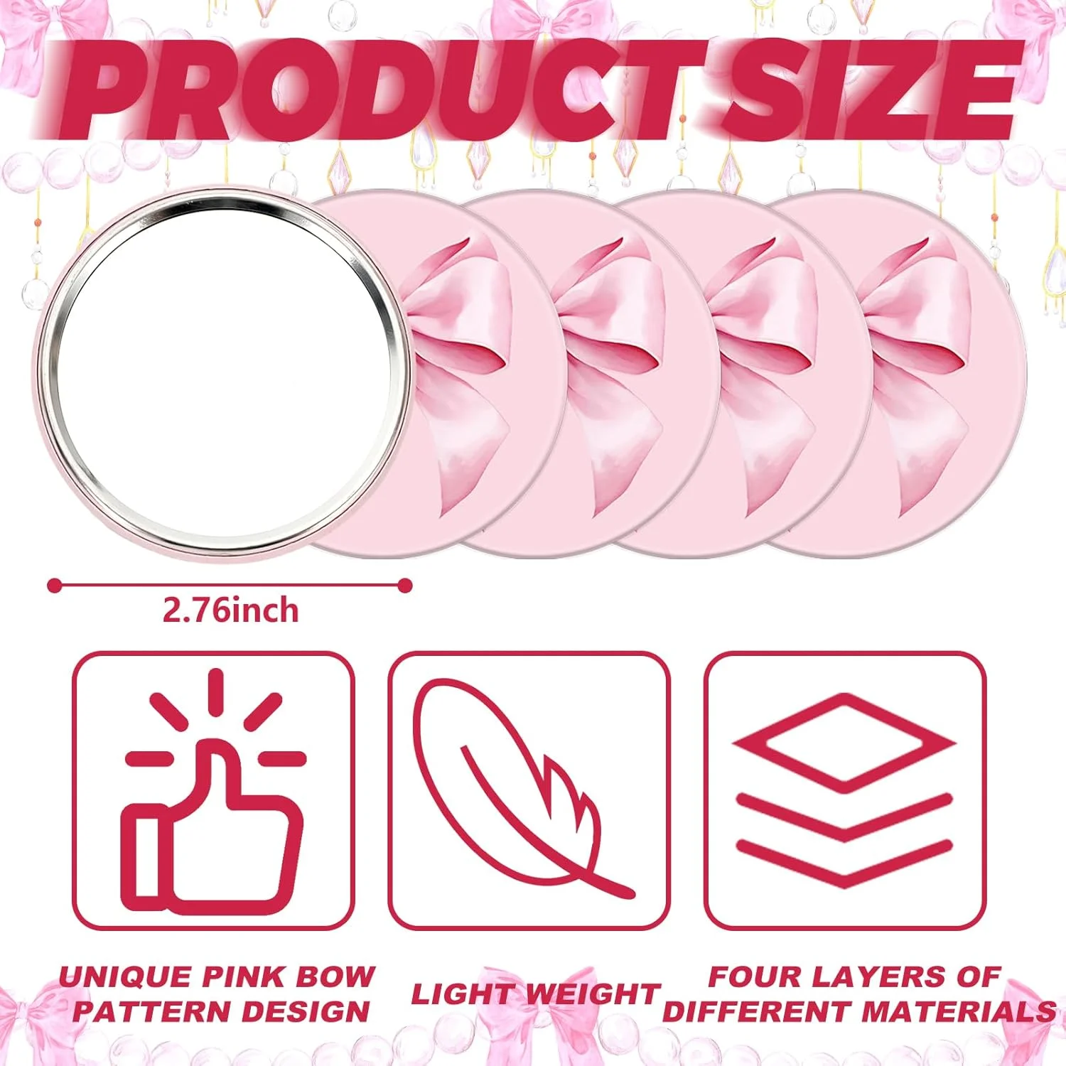 JarThenaAMCS آینه جیبی گرد قابل حمل 12 عددی با پاپیون صورتی 2.8 اینچی، آینه آرایشی کوچک برای زنان، مناسب برای مهمانی تولد