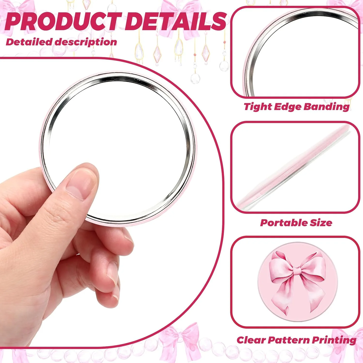 JarThenaAMCS آینه جیبی گرد قابل حمل 12 عددی با پاپیون صورتی 2.8 اینچی، آینه آرایشی کوچک برای زنان، مناسب برای مهمانی تولد