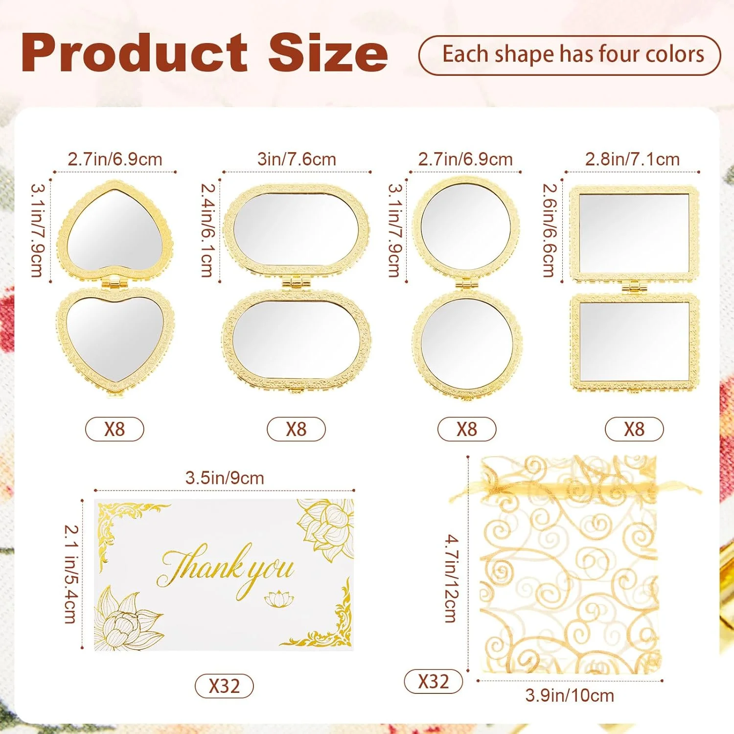 ست آینه آرایشی جیبی تاشو Jetec با طرح گل، 32 عددی، هدیه مناسب برای خانم ها، هدیه بازگشت هندی برای مراسمات مذهبی، آینه های آرایشی تاشو با کیف هدیه و کارت تشکر برای عروسی، دیوالی و جشن خانه نو