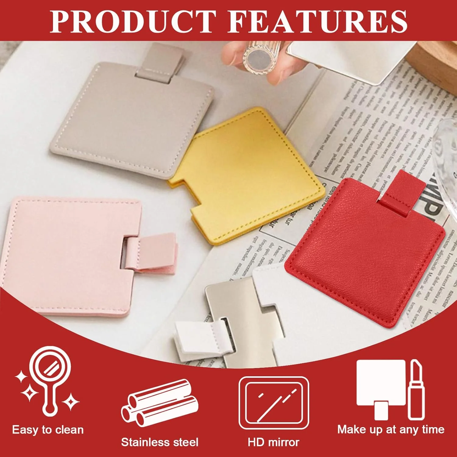 آینه جیبی استیل ضد زنگ Huakaile، نشکن، مناسب کیف دستی، آینه مسافرتی با روکش چرمی PU، آینه اصلاح دستی برای زنان و مردان، آرایش، هدیه (صورتی و قرمز) - 2 عدد آینه جیبی استیل ضد زنگ Huakaile، نشکن، مناسب کیف دستی، آینه مسافرتی با روکش چرمی PU، آینه اصلاح دستی برای زنان و مردان، آرایش، هدیه (صورتی و قرمز) - 2 عدد