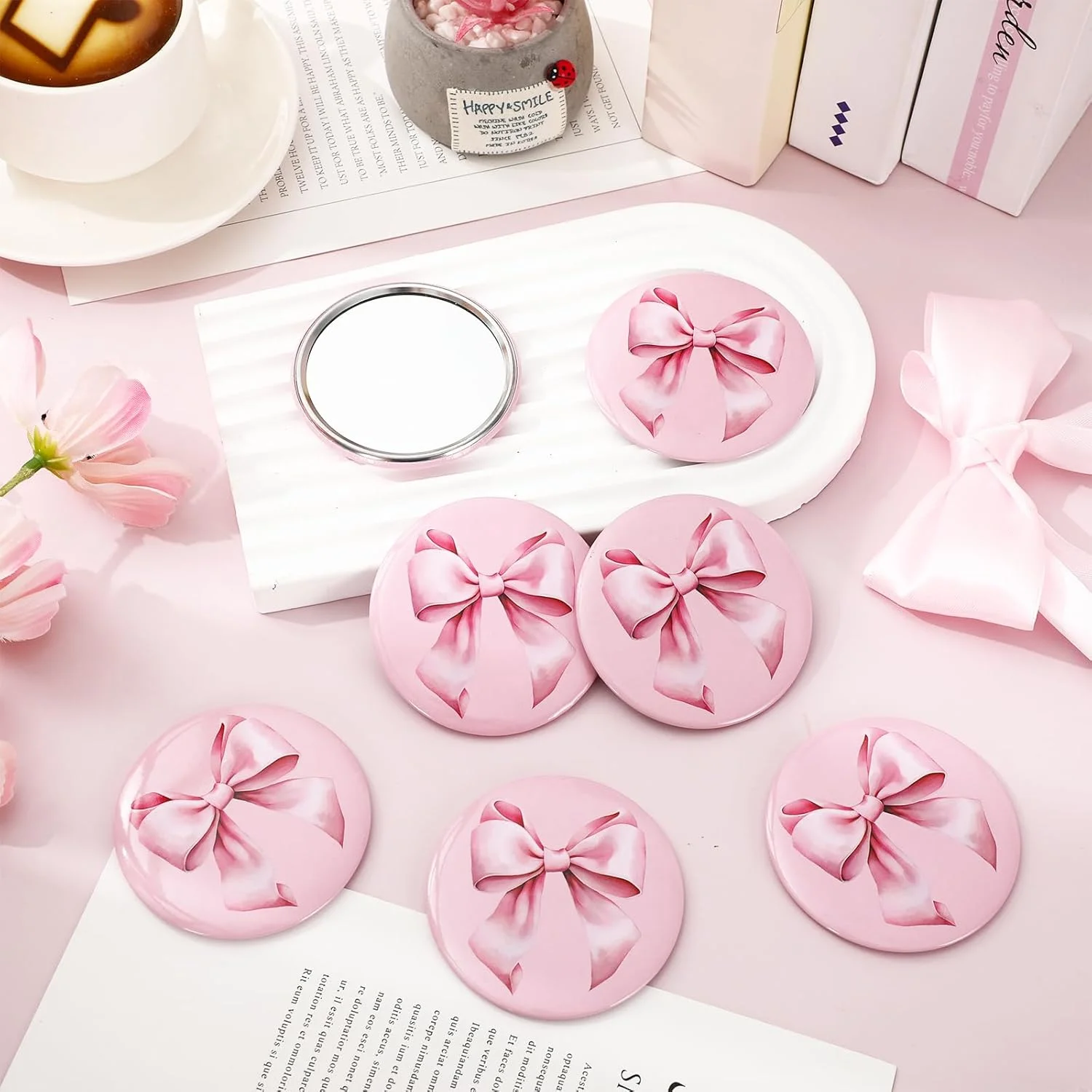 JarThenaAMCS آینه جیبی گرد قابل حمل 12 عددی با پاپیون صورتی 2.8 اینچی، آینه آرایشی کوچک برای زنان، مناسب برای مهمانی تولد