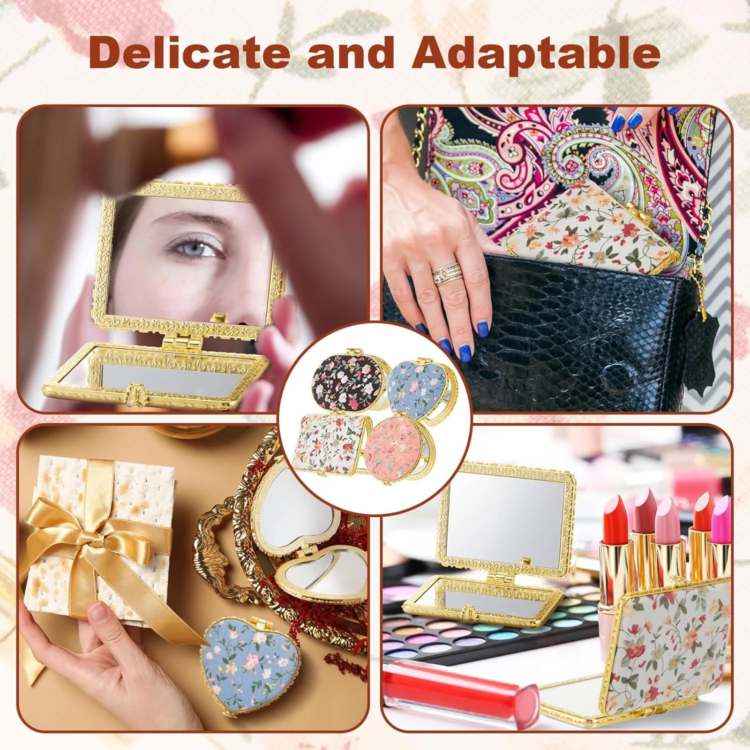 ست آینه آرایشی جیبی تاشو Jetec با طرح گل، 32 عددی، هدیه مناسب برای خانم ها، هدیه بازگشت هندی برای مراسمات مذهبی، آینه های آرایشی تاشو با کیف هدیه و کارت تشکر برای عروسی، دیوالی و جشن خانه نو